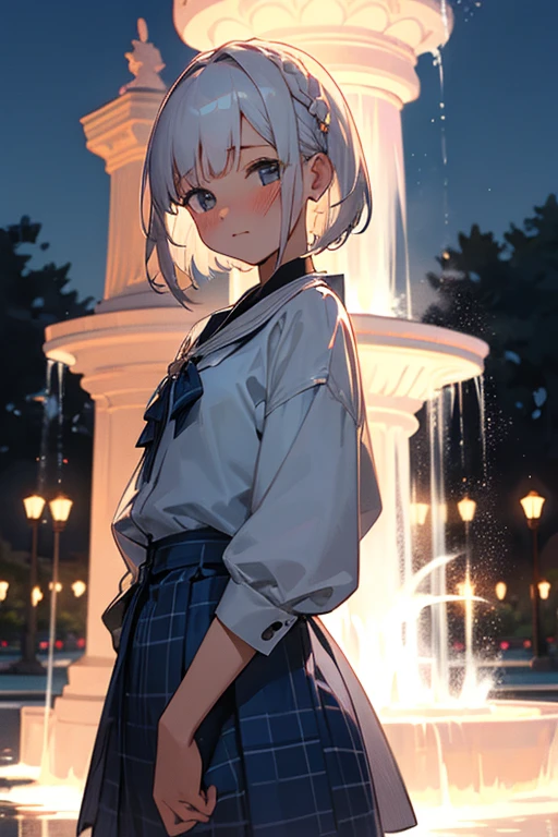 Short white hair, blush, Navy and white checked outfit、Braiding、Fountain in the background、Save a face image、night、