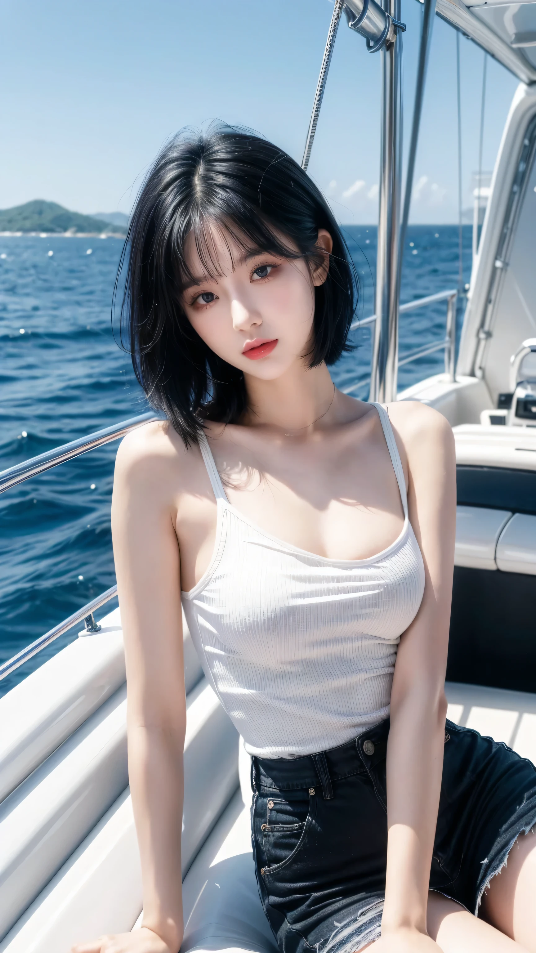 best quality, 1 Girl, dark blue hair, black eyes, Very short hair, Spiky hair, shirt white, High waist short white, 171 cm, Messy hair, Hair between the eyes, Medium breasts, full, Tomboy, aldult, 20 years old, 1 Girl near yatch luxury at the sea