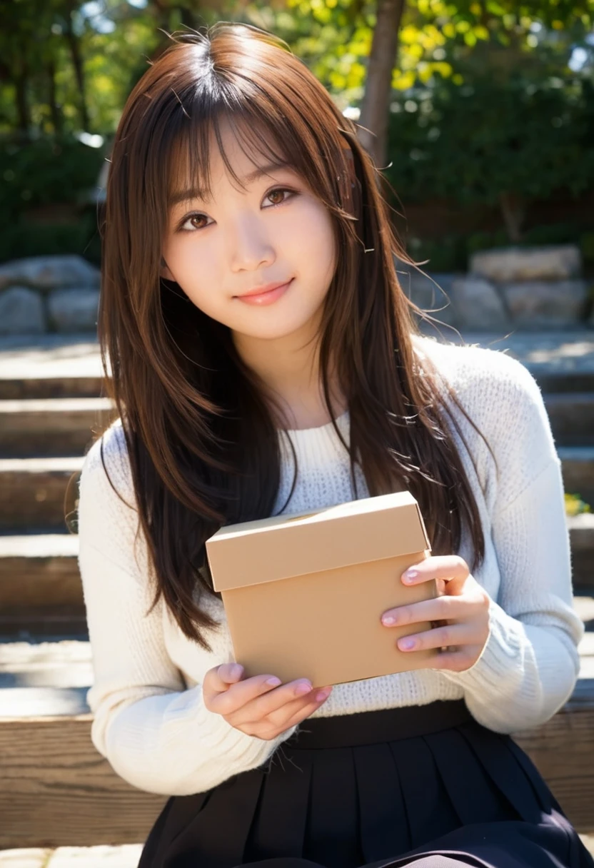highest quality, Face Focus, Soft Light, Ultra-high resolution, (Realistic:1.4), RAW Photos, 1 Japanese girl, alone, cute, (A shy smile:0.5), (Brown eyes, Light in your eyes), Beautiful face in every detail, (Small box),(High resolution detail of human skin texture), (Long Hair), break, knit、 Best, skirt
