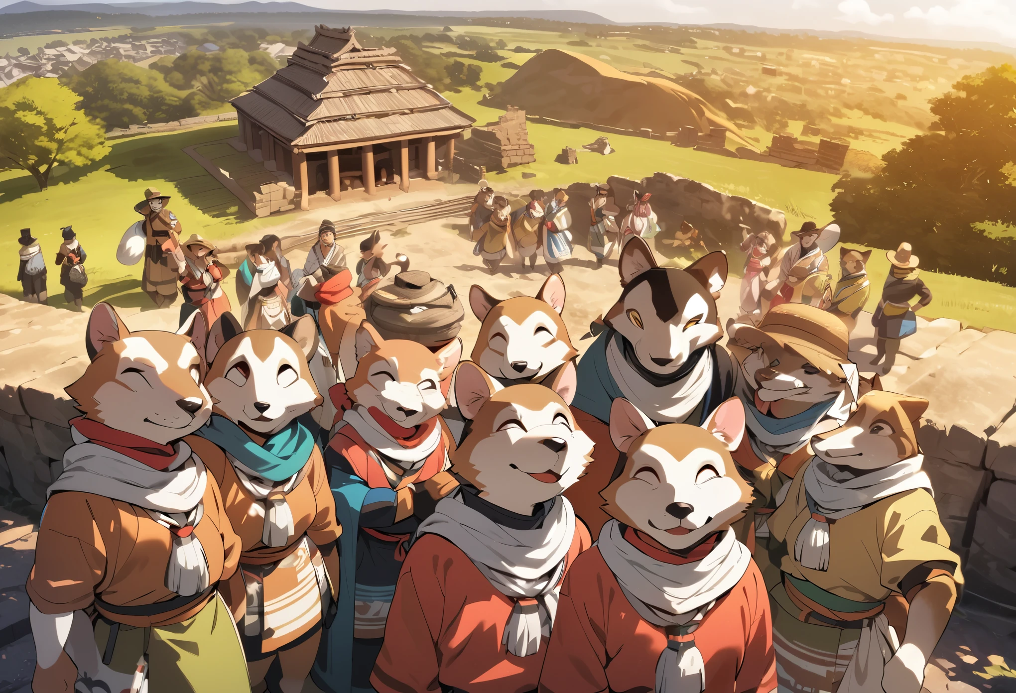 super high resolution, detailed background, World Heritage Site, 6+boys, 6+girls, Happy, joyful, absurdres(Photos of solo travelers)(kemono, furry anthro),