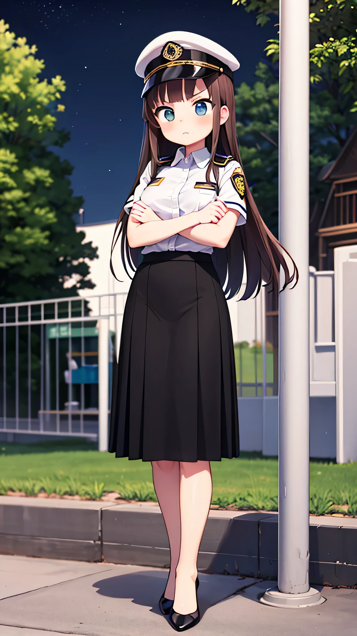 {highest quality], [Super beautiful], [Ultra fine], [Best illustration], NSFW,Brown Hair, Hime cut, Long Hair, With bangs, girl, Uniform cap,Security uniform, Angry face, blush, Slender women,Short sleeve,Long straight skirt, Adult women,Standing posture,(Public）Night Park, diagonal,Bare feet and pumps, Plain black pumps