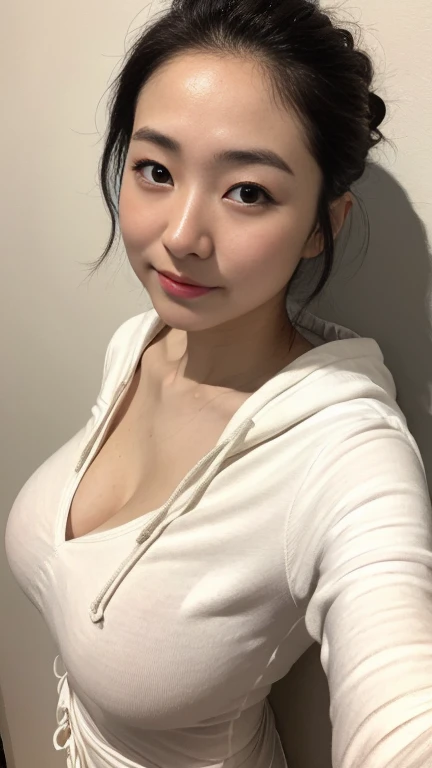 high quality,masterpiece,Ultra-high resolution,(Realistic:1.4),Beautiful lighting, (Highly detailed CG Unity 8k wallpaper), Beautiful face in every detail,Detailed clothing, 50mm portrait photography, No background、One Girl,Big black eyes, cute, young, Pause, Facial Lighting, Physically Based Rendering,Written boundary depth , Black Hair, (Short bun hair), ((Take from above)), Japanese women、20-year-old、White hoodie、(Big Breasts)、(Upper Body)、Beautiful young woman taking a selfie, Taken with iPhone camera、In front of a white wall