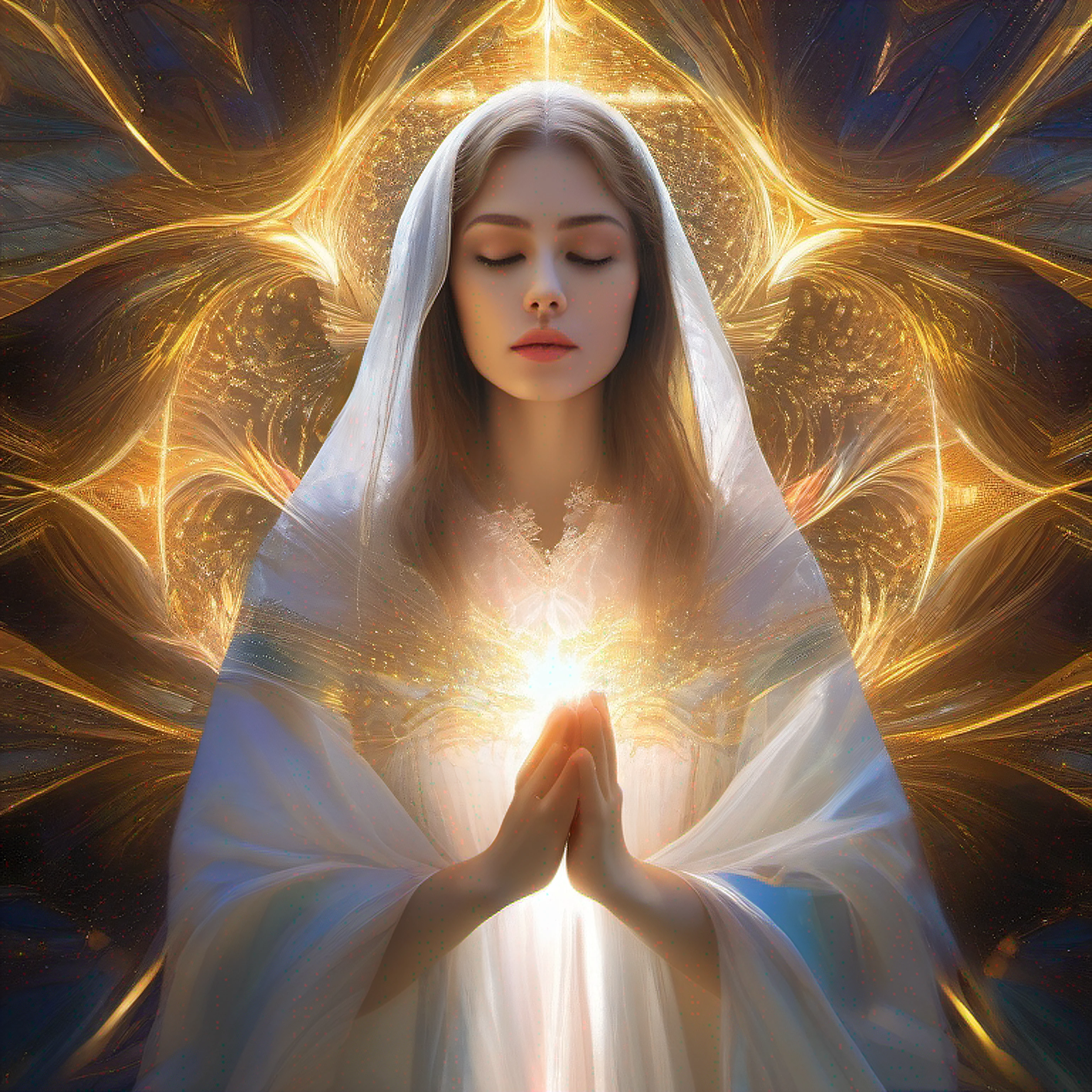 (masterpiece, top quality, Best quality, official art, Beautiful and aesthetically pleasing:1.2), (1 Girl), extremely detailed, (fractal art:1.3), Colorful, as detailed as possible, perfect face, Upper body, HDR, (pray:1.3), (white cloak with gold lines:1.2), galaxy, (Light Stripes), vivid visual effects, (dynamic stripes, Luminous Trails:1.2), bright colors,