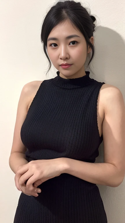 high quality,masterpiece,Ultra-high resolution,(Realistic:1.4),Beautiful lighting, (Highly detailed CG Unity 8k wallpaper), Beautiful face in every detail,Detailed clothing, 50mm portrait photography, No background、One Girl,Big black eyes, cute, young, Pause, Facial Lighting, Physically Based Rendering,Written boundary depth , Black Hair, (Short bun hair), ((Take from above)), Japanese women、20-year-old、Knit dress、(Big Breasts)、(Upper Body)、Beautiful young woman taking a selfie, Taken with iPhone camera、In front of a white wall