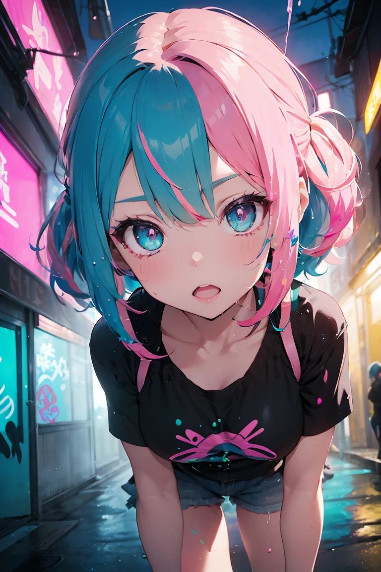 anime girl, (wet clothes) , Latest Trend Fashion, (big breasts:1.3), ((Upper grade:1.3, perfect eyes ,beautiful and detailed eyes, レインボーは超get used to itなディープアクアパープルの目を輝かせます:1.1, gradient eyes:1, Beautiful get used to it eyes:1, symmetrical eyes:1, Big Eye Highlights:1.2)), anger, blush, (open your mouth), Concerned, In a psychedelic room, ((((bright skin: 1.5, tanned skin, bright skin, very bright skin, bright body)))), visual tranceのイラスト, visual trance, psychedelic art style, Neon Colors theme, (((masterpiece))), (Complex), 8K, highest quality, (visual strength: 1.5),

(((liquid paint hair:1.1))) ,(((neon purple hair | neon pink hair | neon blue hair | neon aqua hair | purple hair | Fuchsia Hair | fluorescent blue hair | amethyst hair | neon hair | bright pink hair :1.5))), ((Made of paint、Defying Gravity,thick stream),(paint splatters:1.3), (shiny hair: 1.3), (bright colors), dynamic pose, embarrassing,in the center,Scale to fit,Rule of thirds, (((naked))), Cessation of liquid coating,

colorful background, rest colorful theme, splash paint play, beautiful light, Colorful light particles,High contrast in clothing, splash of color, Color Drawing Wall,  Complex get used to it,  exposure blend, HDR, (graffiti art),more_get used to it:0.5,