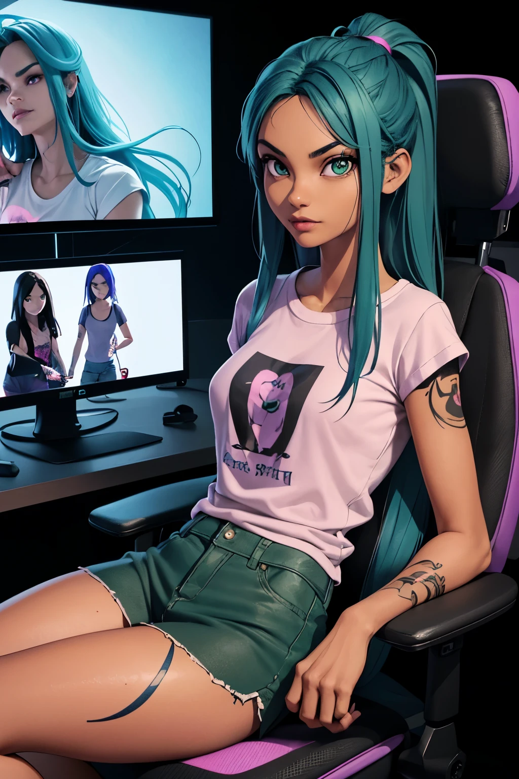 Image in 3D that captures a scene with a woman with tan skin, with long, straight blue hair, with dark green eyes, wearing a violet t-shirt, on a black gaming chair, in a gaming room with blue and pink LED lights, with a tattoo on her thigh.