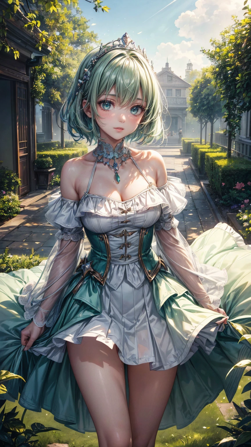 1girl, (((a portrait of the most beautiful girl))), (beautiful face), ultra detailed lips, (beautiful lips), ultra detailed eyes, (beautiful eyes), detailed hair, (beautiful hair), (beautiful neatly styled hair), (small breast), (small vagina), (beautiful ideal proportion body), beautiful detail body, best quality, masterpiece, ultra-high quality, ultra-high resolution, HDR, 8K, cinematic lighting, detail shadows, intricate shadow, Ray tracing, film grain, glare, bokeh, wind, look at viewer, Sharp focus, (hyperdetailed:1.15), (cowboy shot:1.5), (standing), solo, beautiful angle body facing side way in front of the viewer, beautiful Light green hair, short hair, (Bangs longer than shoulders), (beautiful white button shirt), Light green blazer, (beautiful Light green tiara on head), beautiful smile, (at a Beautiful fancy modern mansion garden background), (Beautiful neat fancy modern plants garden surrounding), (beautiful outside day light time surrounding), (beautiful very tight press body clothes), (Crop out open burst clothes), (Crop out open burst side body clothes), (beautiful fancy modern Pendant Necklace), (beautiful fancy modern gemstone bracelets), (beautiful high mini skirt), (beautiful artistic shape skirt)