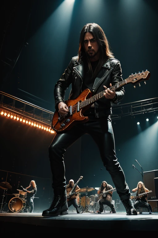 a group of guinea pigs wearing leather jackets, performing heavy metal music on stage, intricate details, photorealistic, cinematic lighting, action shot, dynamic composition, vibrant colors, dramatic shadows, gritty texture, concert venue background