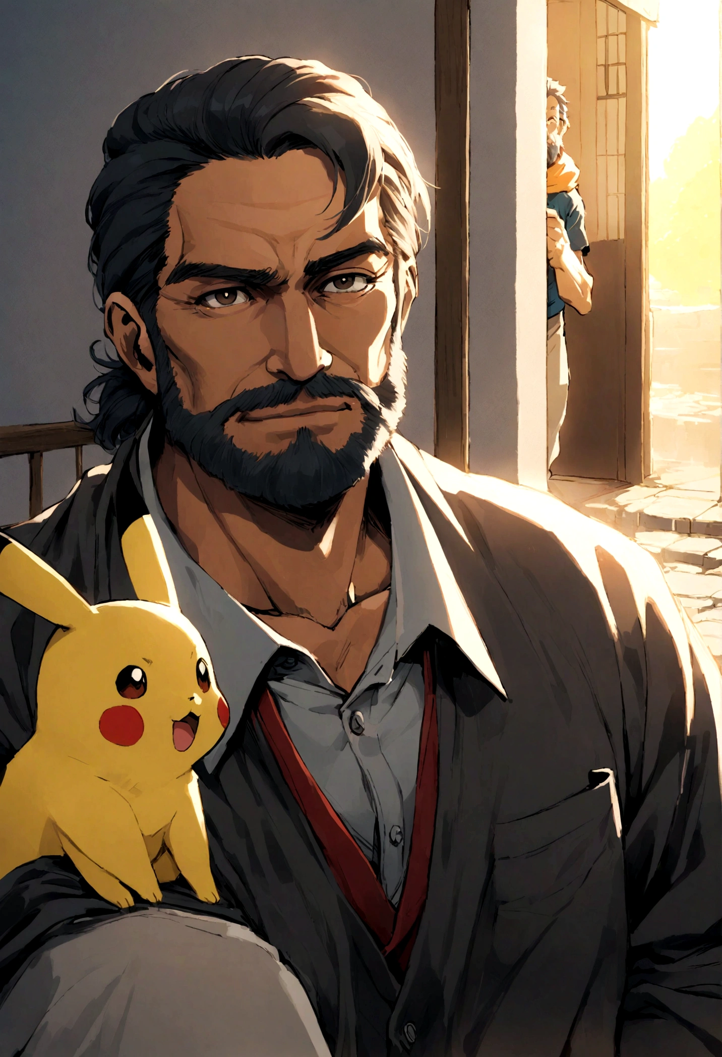 Homem careca moreno com barba feita, 40 anos, with pikachu on shoulder in central japan