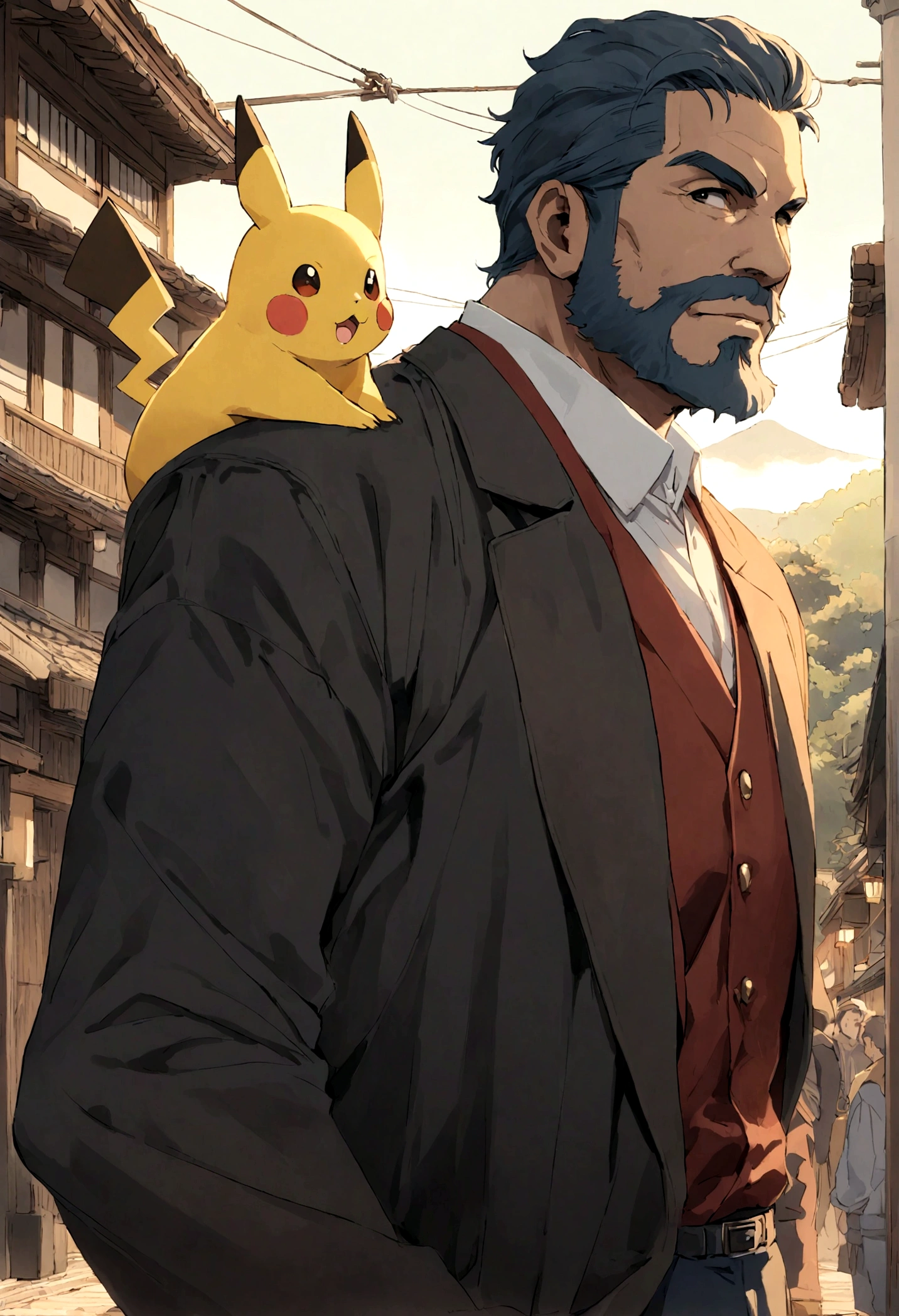 Homem careca moreno com barba feita, 40 anos, with pikachu on shoulder in central japan