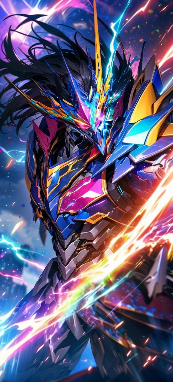 absurdres, highres, ultra detailed, HDR, masterpiece, extremely detailed face and eyes, colorful shinning Galaxy God Mecha armor dragon knight, Epic Mecha dragon mask,,colorful Black hair , , solo, ,man, handsome, , , Epic fight scene, colorful splashing effect,colorful lightning effect,glowing glitters , galaxy background