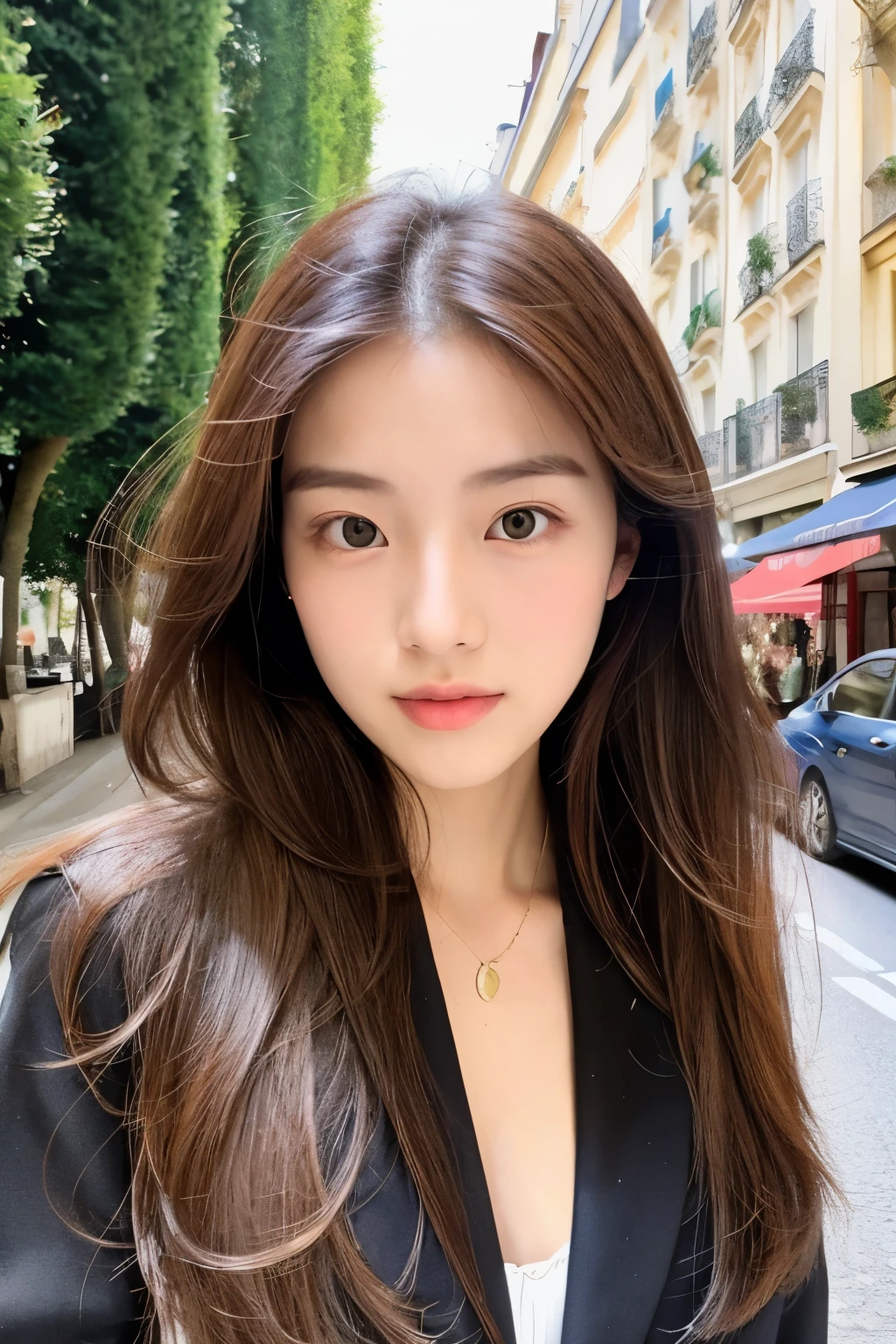 Korean girl found forehead thin nose straight eyebrows brown Chinese eyes full lips oval face long brown hair full body in Paris