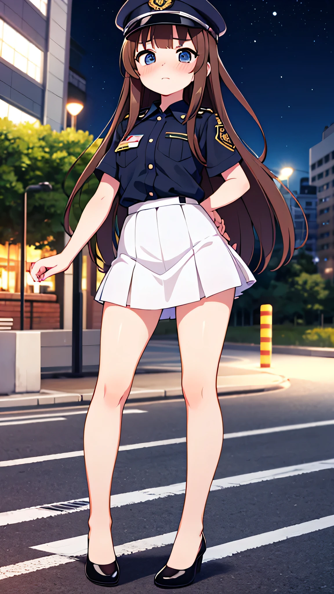 {highest quality], [Super beautiful], [Ultra fine], [Best illustration], NSFW,Brown Hair, Hime cut, Long Hair, With bangs, girl, Uniform cap,Security uniform, Embarrassed face, blush, Slender women,Short sleeve,Long straight skirt, Adult women,Standing posture,(Public）Night Park, diagonal,Bare feet and pumps, Plain black pumps