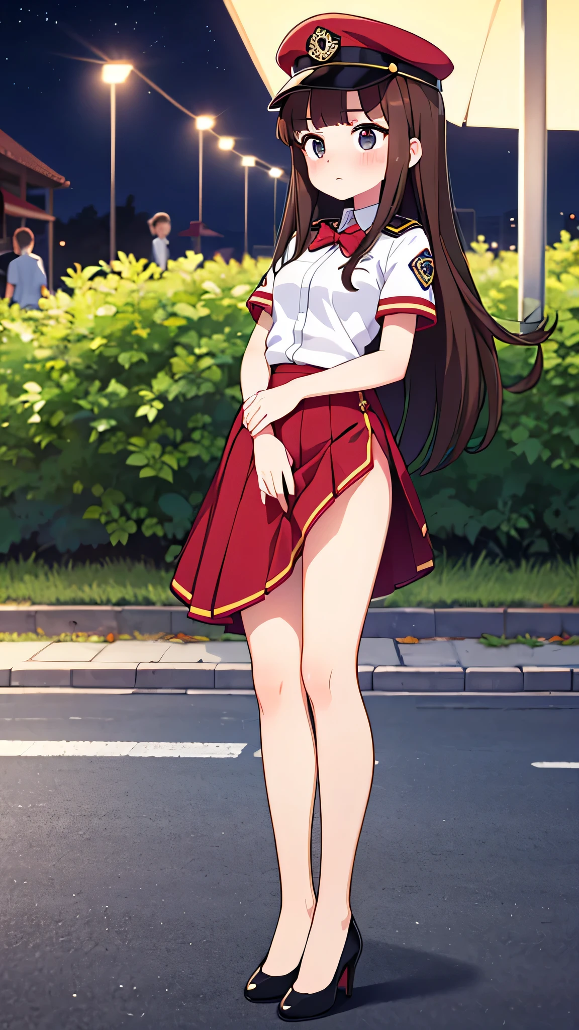 {highest quality], [Super beautiful], [Ultra fine], [Best illustration], NSFW,Brown Hair, Hime cut, Long Hair, With bangs, girl, Uniform cap,Security uniform, Embarrassed face, blush, Slender women,Short sleeve,Long straight skirt, Adult women,Standing posture,(Public）Night Park, diagonal,Bare feet and pumps, Plain black pumps