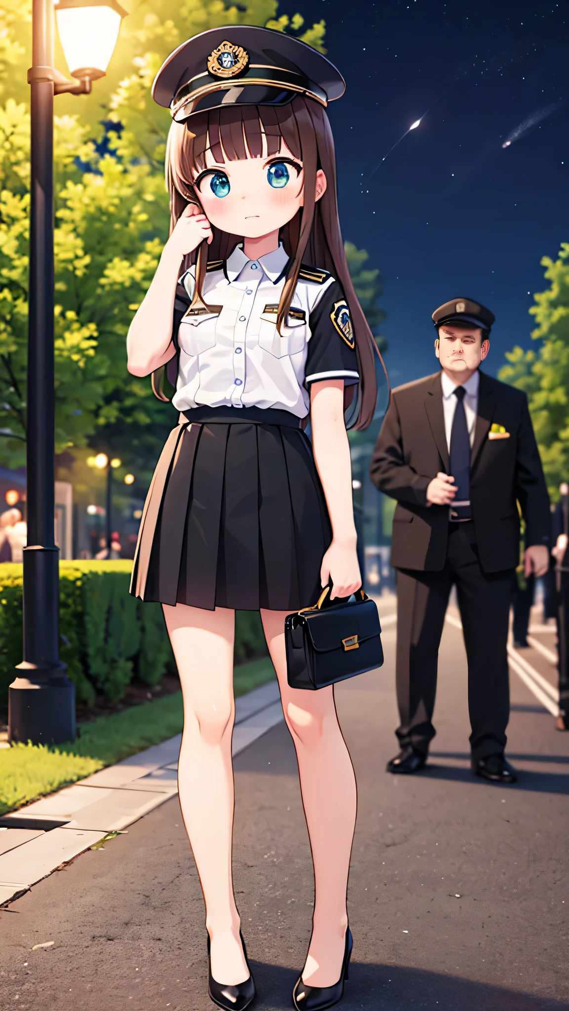 {highest quality], [Super beautiful], [Ultra fine], [Best illustration], NSFW,Brown Hair, Hime cut, Long Hair, With bangs, girl, Uniform cap,Security uniform, Embarrassed face, blush, Slender women,Short sleeve,Long straight skirt, Adult women,Standing posture,(Public）Night Park, diagonal,Bare feet and pumps, Plain black pumps
