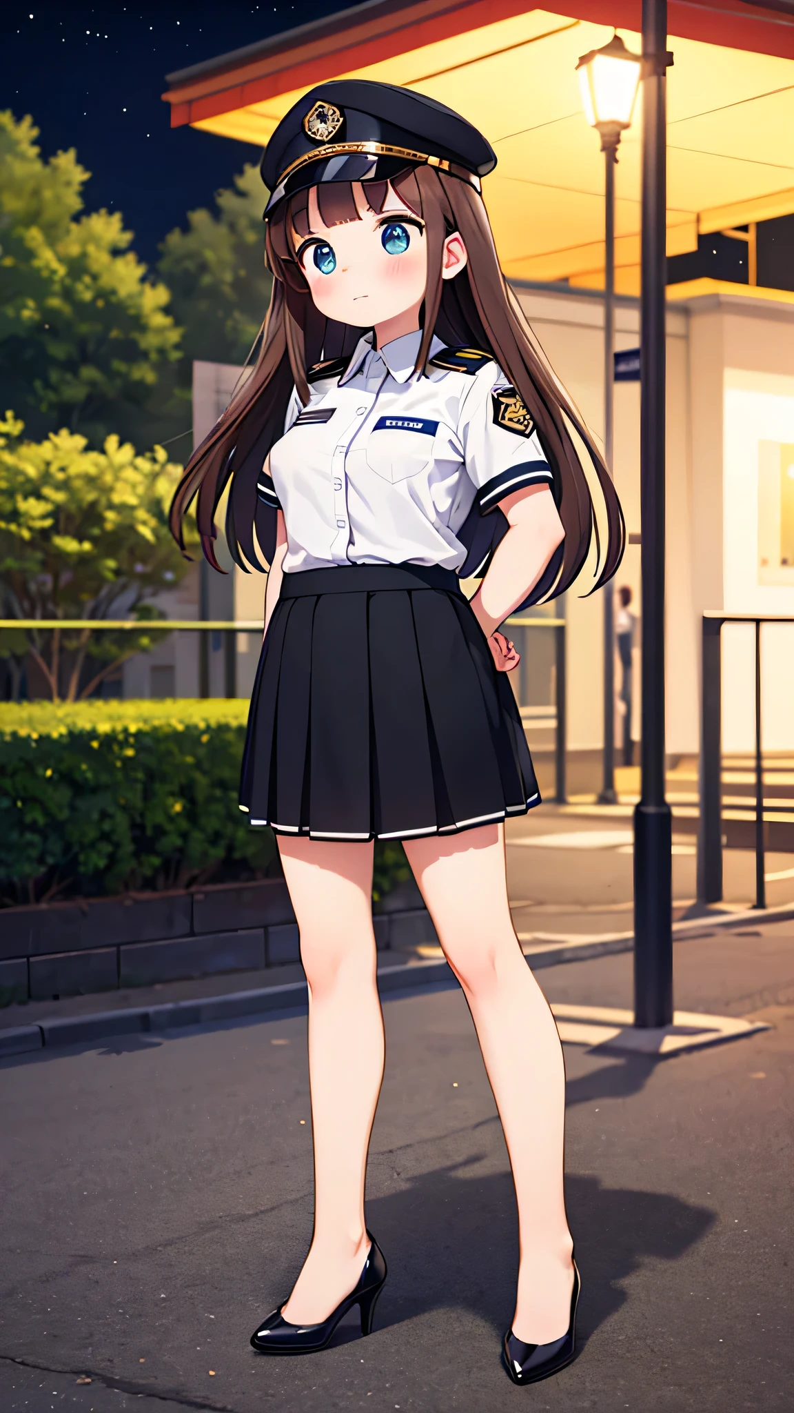 {highest quality], [Super beautiful], [Ultra fine], [Best illustration], NSFW,Brown Hair, Hime cut, Long Hair, With bangs, girl, Uniform cap,Security uniform, Embarrassed face, blush, Slender women,Short sleeve,Long straight skirt, Adult women,Standing posture,(Public）Night Park, diagonal,Bare feet and pumps, Plain black pumps