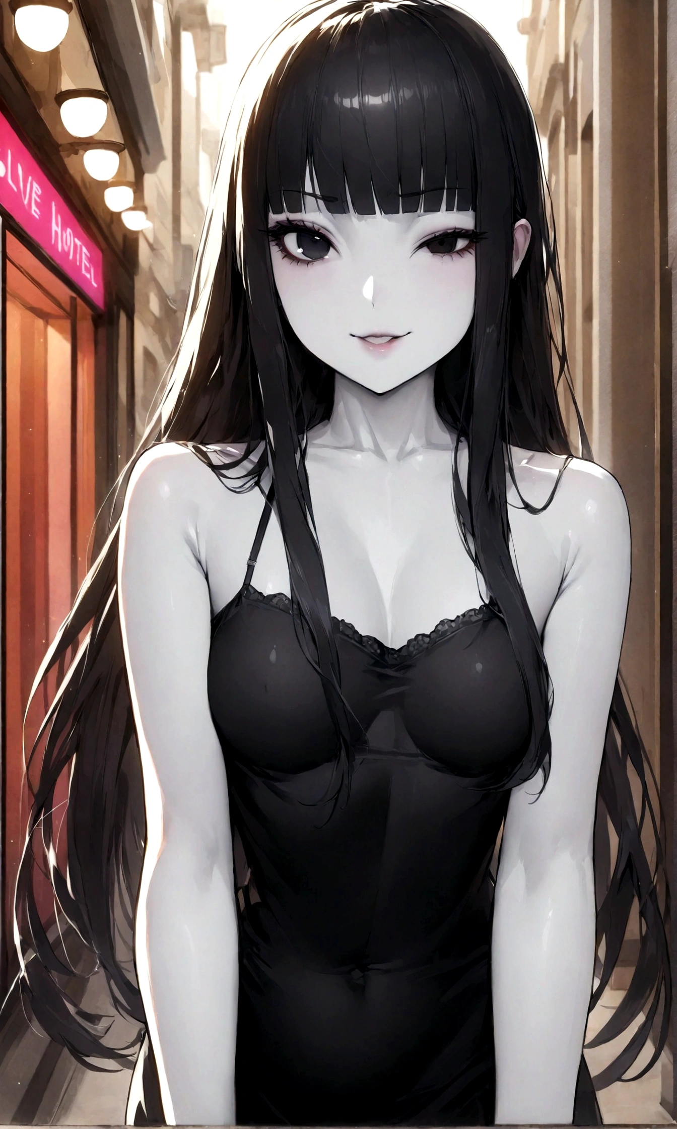 detailed, (masterpiece:1.2), (pale_skin:1.2), (alone:1.2), (woman), thin, (Shine_eye), Long Hair, bangs, Black Hair, Outdoor, No sleeve, black eye, Love Hotel、eyeの間の毛、Naughty look、mocking expression、eyeが光る