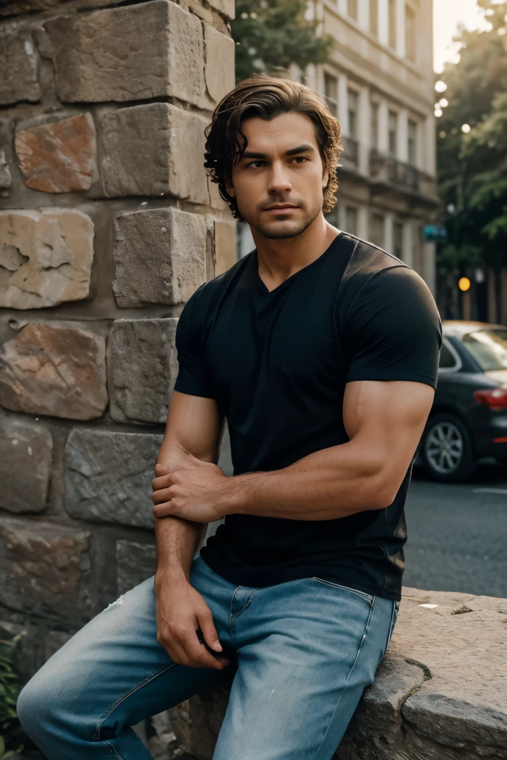 {{{masterpiece}, }}, {extremely detailed GG uniti 8k}, Generate a scene portraying a young man in his mid-twenties seated casually on a weathered stone wall within an urban backdrop. The man possesses a natural physique, not overly muscular, with a relaxed demeanor. His hair, a rich shade of brown, cascades in loose waves around his face and shoulders, capturing the essence of authenticity.
Dressed in everyday attire, he wears a comfortable yet stylish outfit—a well-fitted T-shirt paired with jeans that hang casually from his hips. The shot is framed naturally, as if captured by a passing observer, with the man positioned slightly off-center in the foreground to create a sense of realism.
The background depicts the typical hustle and bustle of a city street, with pedestrians and vehicles moving about in the distance. The sky above transitions from the warm hues of sunset to the deeper blues of early evening, casting a soft, ambient light over the scene.
The image quality is exceptional, with a high level of detail capturing the texture of the stone wall, the natural flow of the man's hair, and the subtle nuances of light and shadow across his features. This level of realism lends depth and authenticity to the scene, inviting viewers to immerse themselves in the moment.
