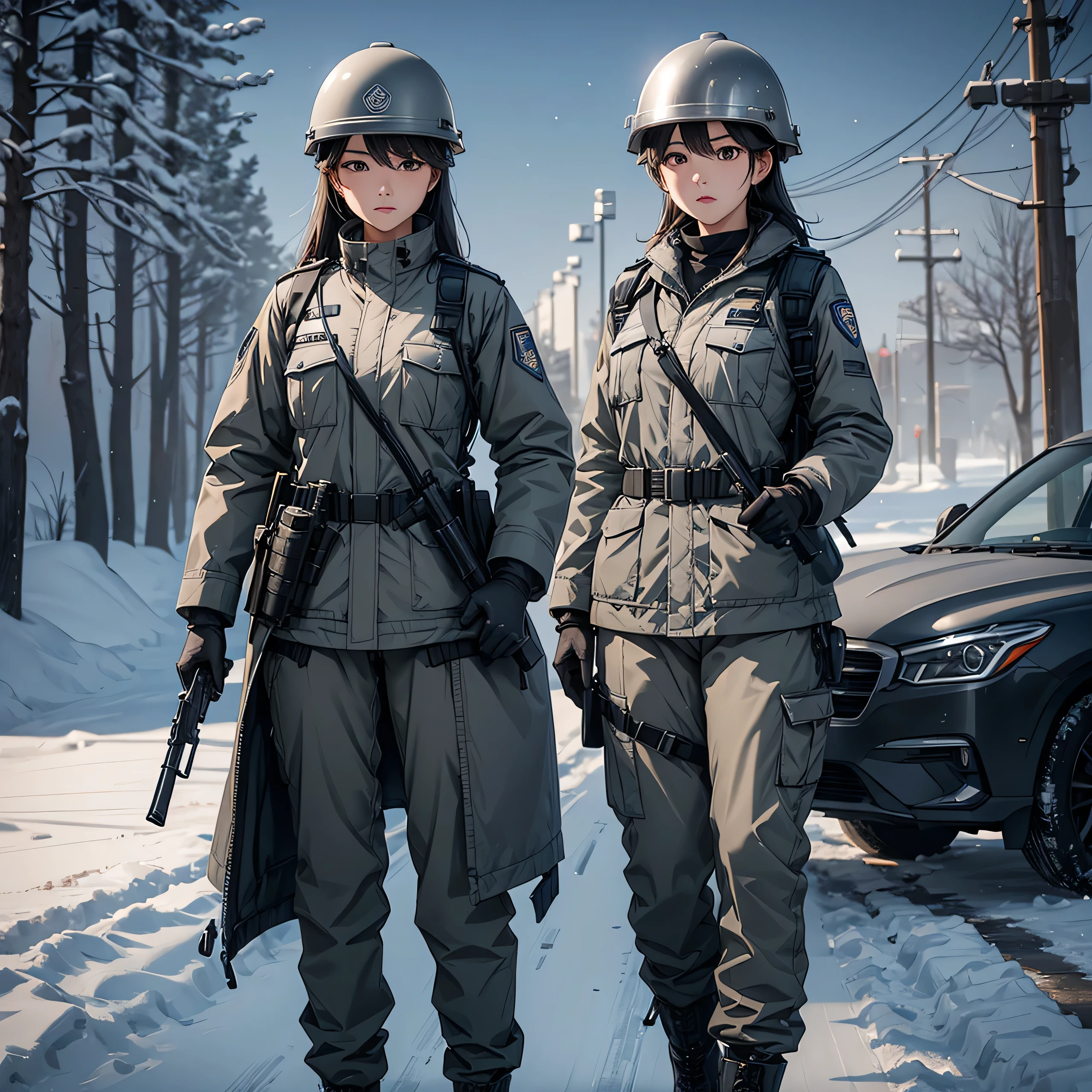 Two policewomen in winter、Wear a steel helmet、Light grey police uniform、Knee-length coat、Military Pants、Standing guard with gun、Write details、masterpiece、best quality、Highly detailed CG、8K picture quality