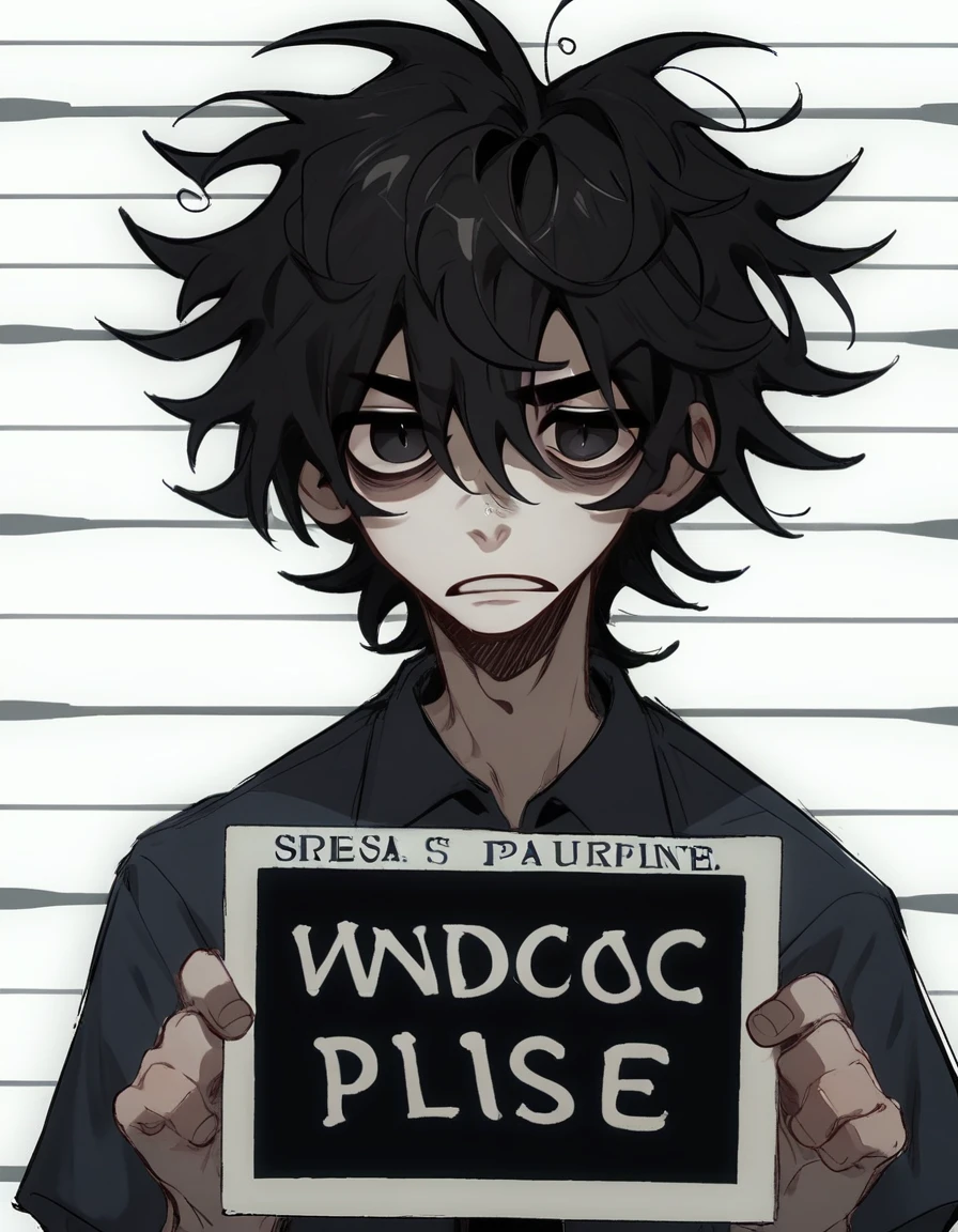 1boy, shirt grunge, sketchy lines, messy hair, black hair, black pupils, police mugshot, holding sign,  score_8_up, score_9_up, 