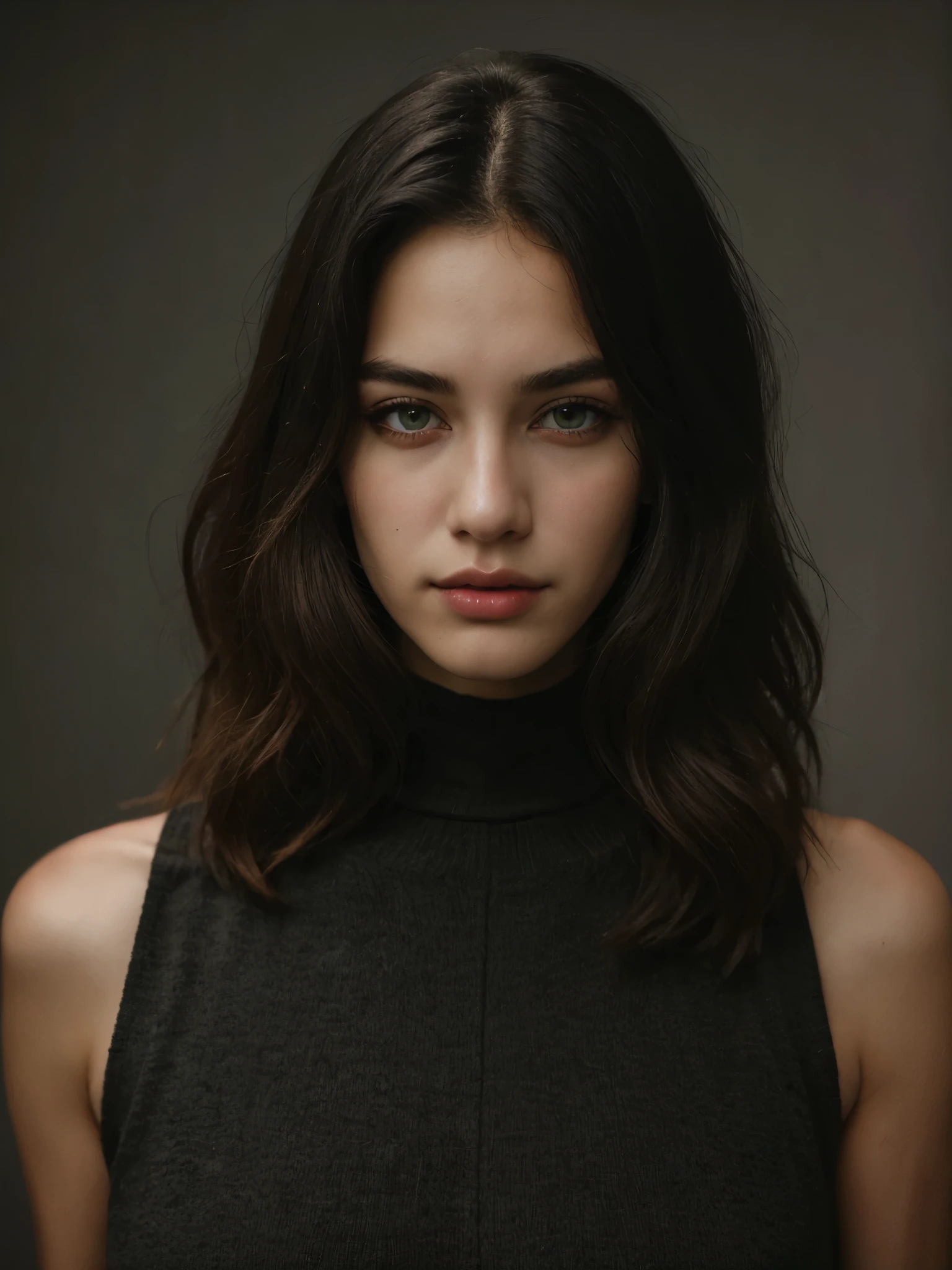Best quality, masterpiece, ultra high res, (photorealistic:1.5), raw photo, 1 mature girl, black sleeveless turtleneck, in the dark, deep shadow, low key, cold light, sexy look, black bob hair with bangs (((black hair))), green eyes, sharp eyes, eyeshadow
