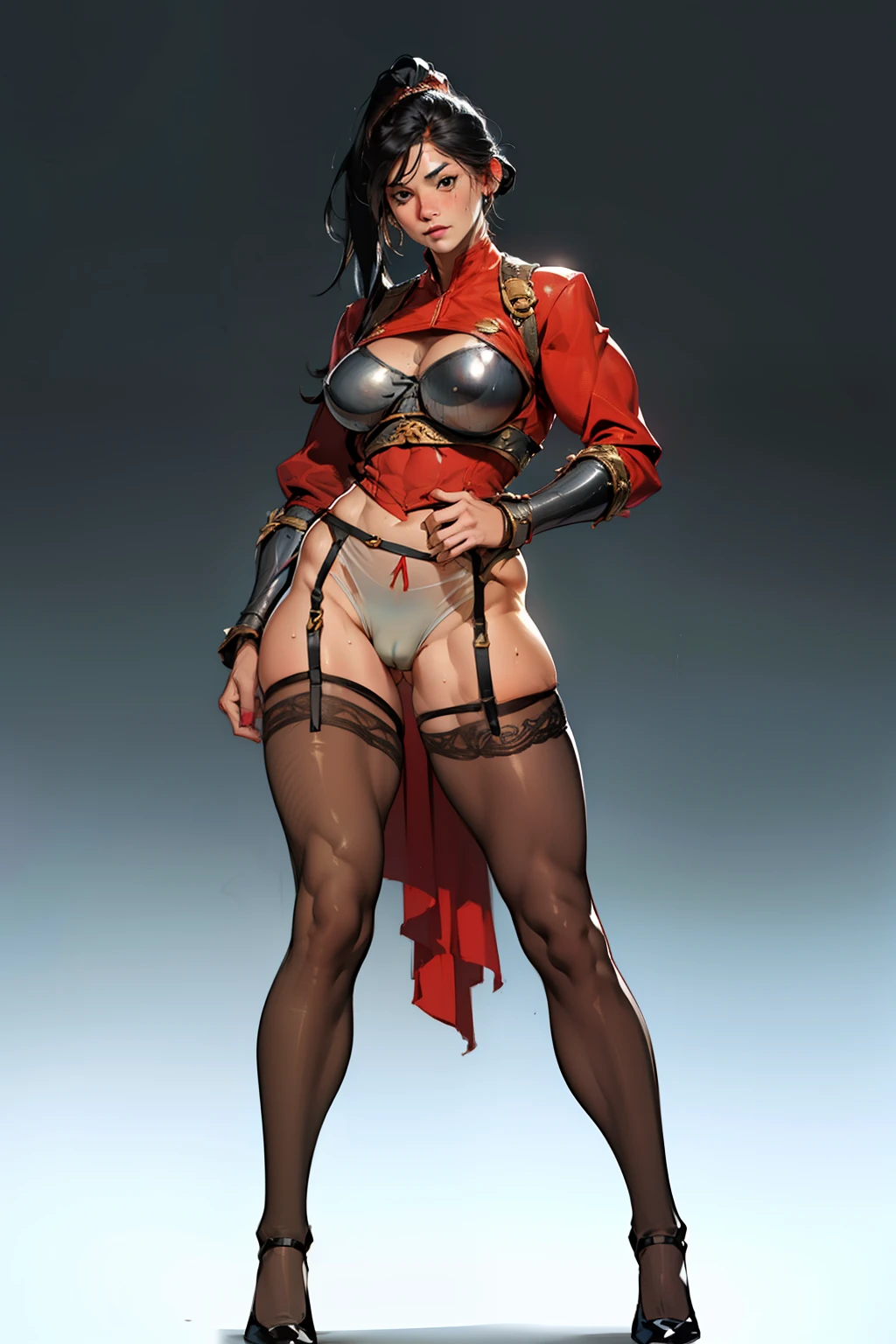 (high resolution, pixel perfect, gorgeous illustrations), (hyper quality, muste piece, etheric: 1.4), ((1girl)), (((((((stand,open legs))))))), cool atmosphere, Twintails with black hair, ((Exquisite face)), ((naughty face)), (((((((muscular))))))), ((thick thighs)), (((wide hips))), ((Big breasts that are about to burst)), fighter, (((wh_chi_armor, black bodystocking))), ((full-body pantyhose, see through)), ((((cameltoe)))), shiny skin, gleaming skin, sweat, simple background,