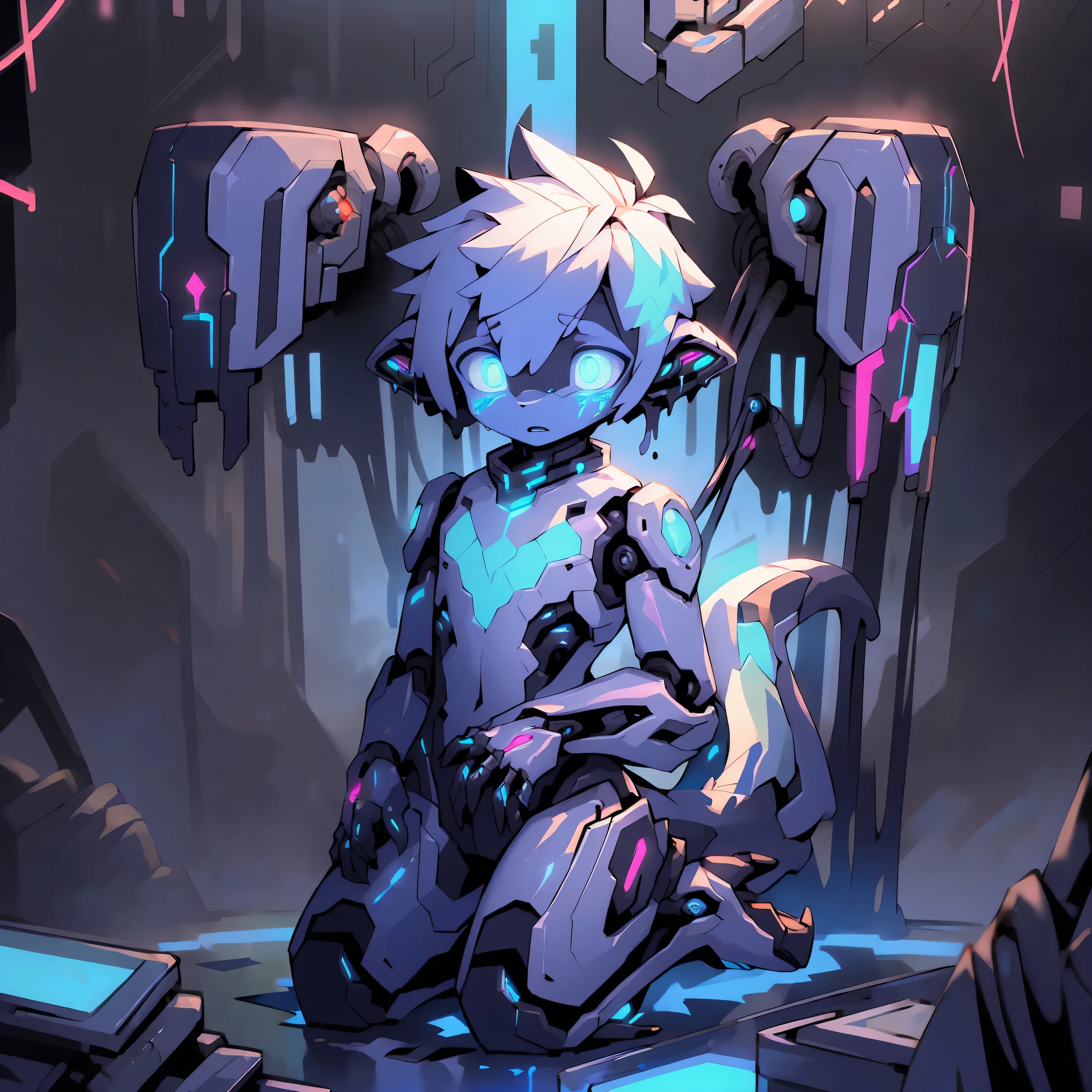 Masterpiece quality, highest definition, detailed texture, 12K, solo,Cyborg,Robot ,TF ,transformation, assimilation, conversion, fetish ,machine, procedure ,boy,shota,robotization, technology ,corruption, goo,error,human,Electric wire,Luminous pattern,Eye details,tail,corruption,luminous bodily fluids