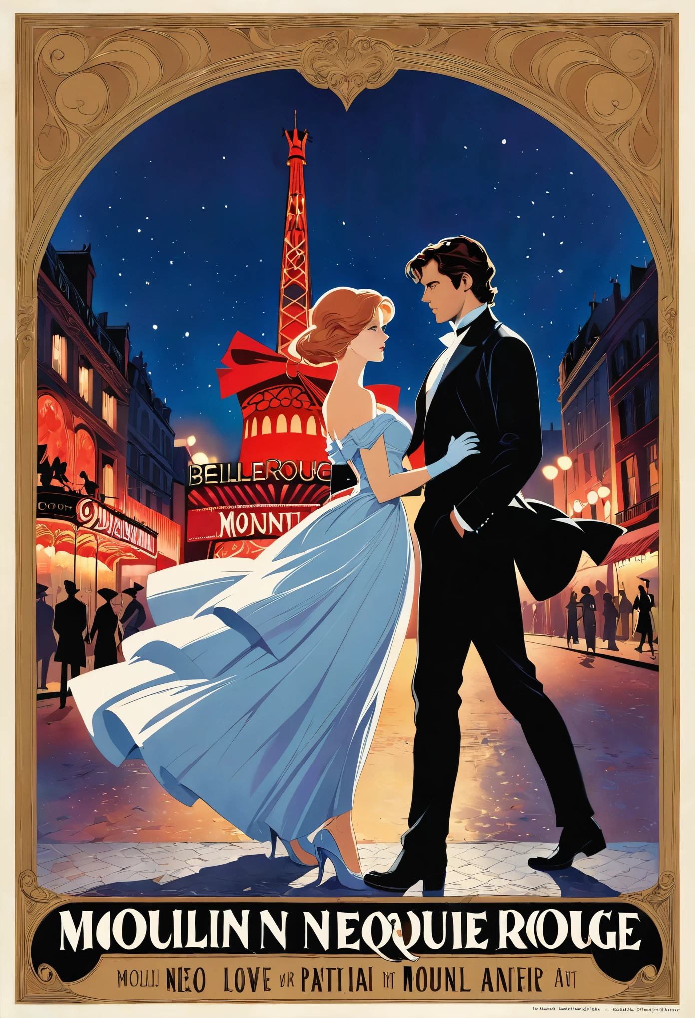 arafed image of a couple in a city street at night, moulin rouge!, moulin rouge, movie artwork, concept art of love, movie art, movie poster painting, bestselling movie art poster, romance novel cover, martin ansin, inspired by Vincent Lefevre, belle epoque, neo - romanticism, neo-romanticism, raphaël,