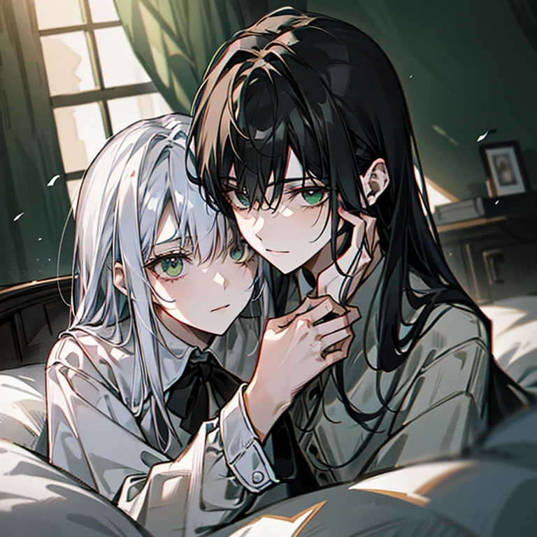 "Epic Dark, atmospheric. A mature couple embracing on bed sheet. The woman with flowing white hair and mesmerizing green eyes, and the man with sleek black hair and piercing green eyes.", Roses in cinematic light. very detail and bright background, HDR, Face light, hyperrealistic, a high resolution, photo, granularity, color difference, Sharp Focus, HDR, Face light source, dynamic lighting, cinematic lighting, Professional shadows, dark shadow, highest detail,very detailed,Hyper detail,small parts,white shirt,Exquisite facial features,detailed faces and eyes