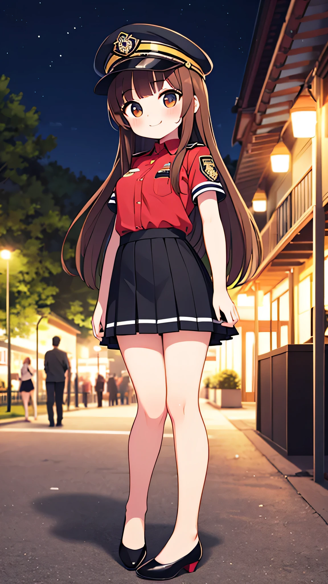 {highest quality], [Super beautiful], [Ultra fine], [Best illustration], NSFW,Brown Hair, Hime cut, Long Hair, With bangs, girl, Uniform cap,Security uniform, smile,blush, Slender women,Short sleeve,Long straight skirt, Adult women,Standing posture,(Public）Night Park, diagonal,Bare feet and pumps, Plain black pumps