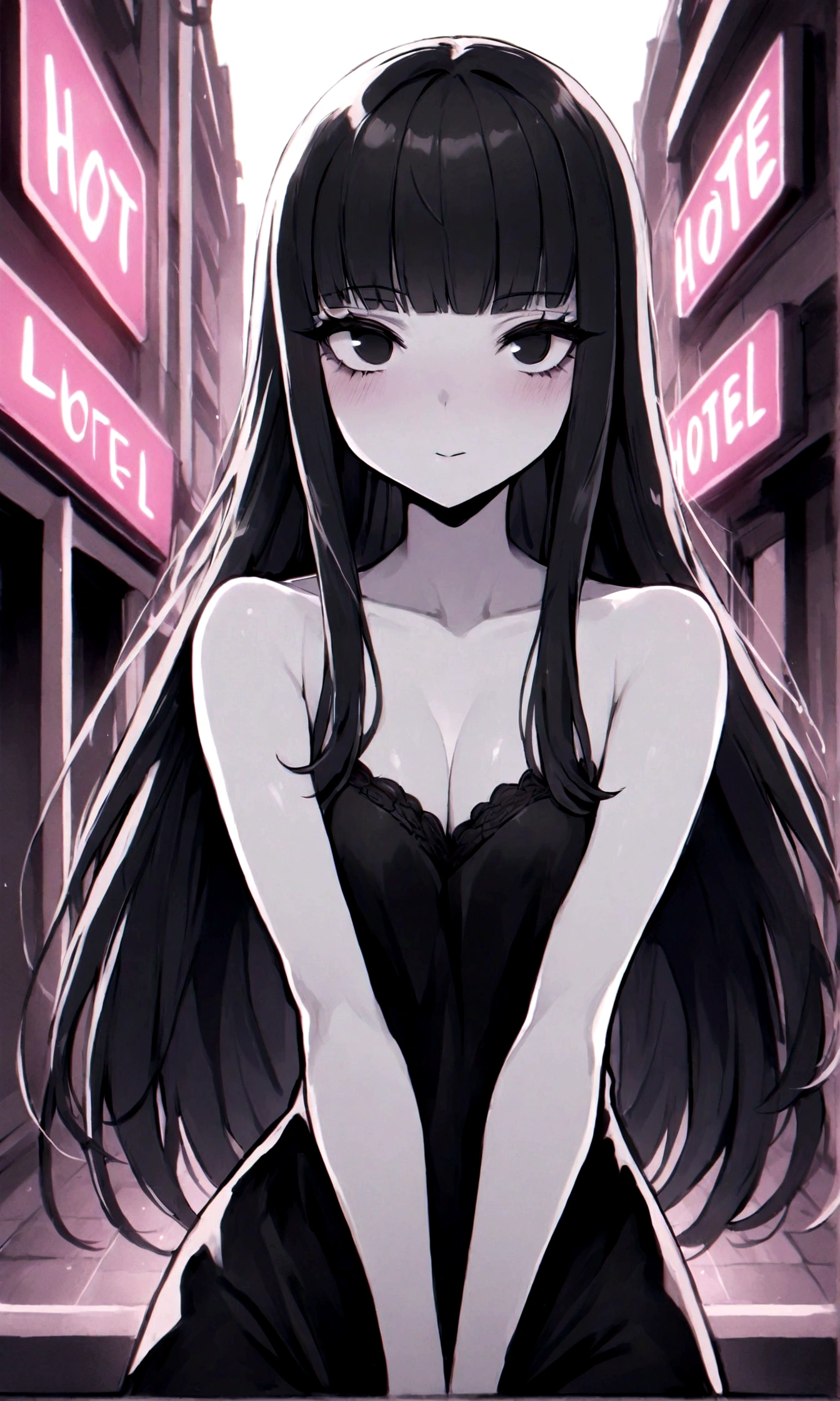 detailed, (masterpiece:1.2), (pale_skin:1.2), (alone:1.2), (woman), thin, (Shine_eye), Long Hair, bangs, Black Hair, Outdoor, No sleeve, black eye, Love Hotel、eyeの間の毛、Naughty look、mocking expression、eyeが光る