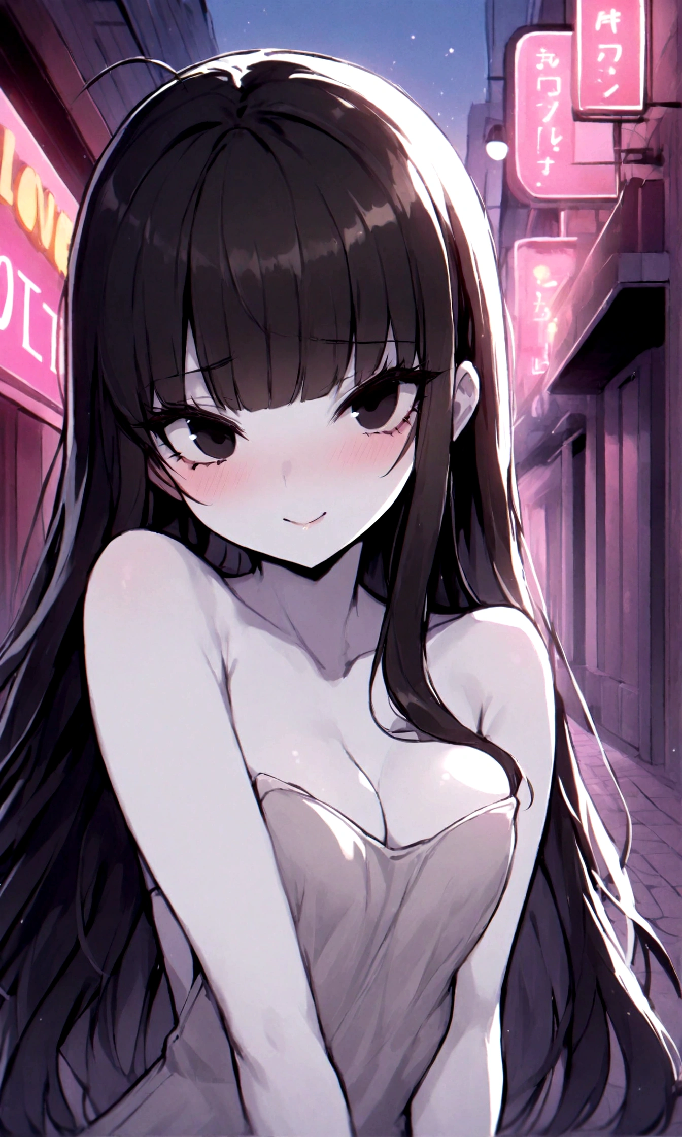 detailed, (masterpiece:1.2), (pale_skin:1.2), (alone:1.2), (woman), thin, (Shine_eye), Long Hair, bangs, Black Hair, Outdoor, No sleeve, black eye, Love Hotel、eyeの間の毛、Naughty look、mocking expression、eyeが光る