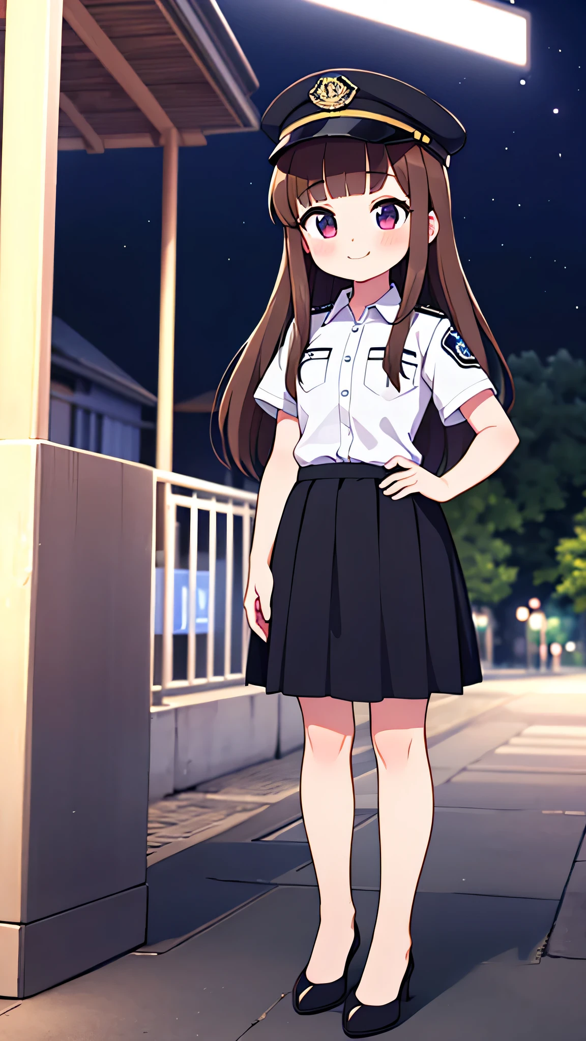 {highest quality], [Super beautiful], [Ultra fine], [Best illustration], NSFW,Brown Hair, Hime cut, Long Hair, With bangs, girl, Uniform cap,Security uniform, smile,blush, Slender women,Short sleeve,Long straight skirt, Adult women,Standing posture,(Public）Night Park, diagonal,Bare feet and pumps, Plain black pumps