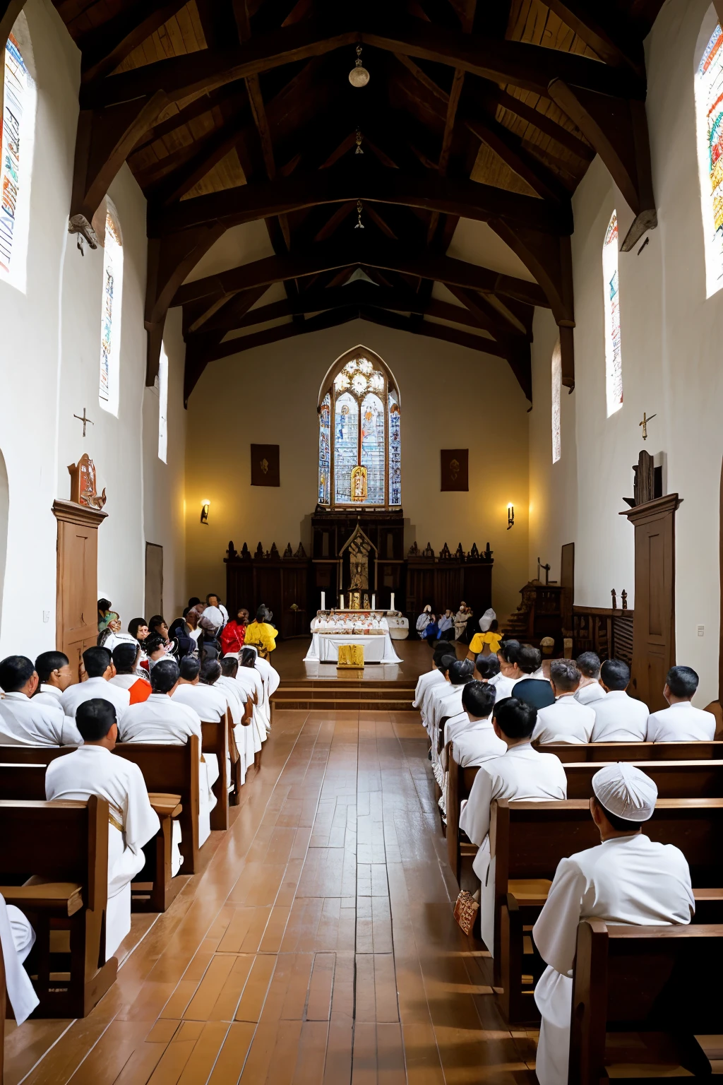you draw a representation of a mass in one of the old Jesuit reductions of the Missions? You could show the indigenous people and the missionaries sharing a moment of devotion in the church, with details that reflect the unique architecture of the missions, traditional indigenous costumes and gestures of reverence during the religious ceremony.