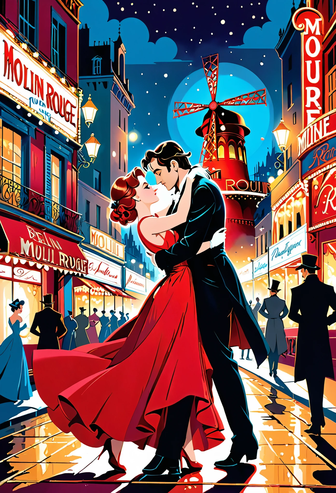 arafed image of a couple in a city street at night, moulin rouge!, moulin rouge, movie artwork, concept art of love, movie art, movie poster painting, bestselling movie art poster, romance novel cover, martin ansin, inspired by Vincent Lefevre, belle epoque, neo - romanticism, neo-romanticism, raphaël,