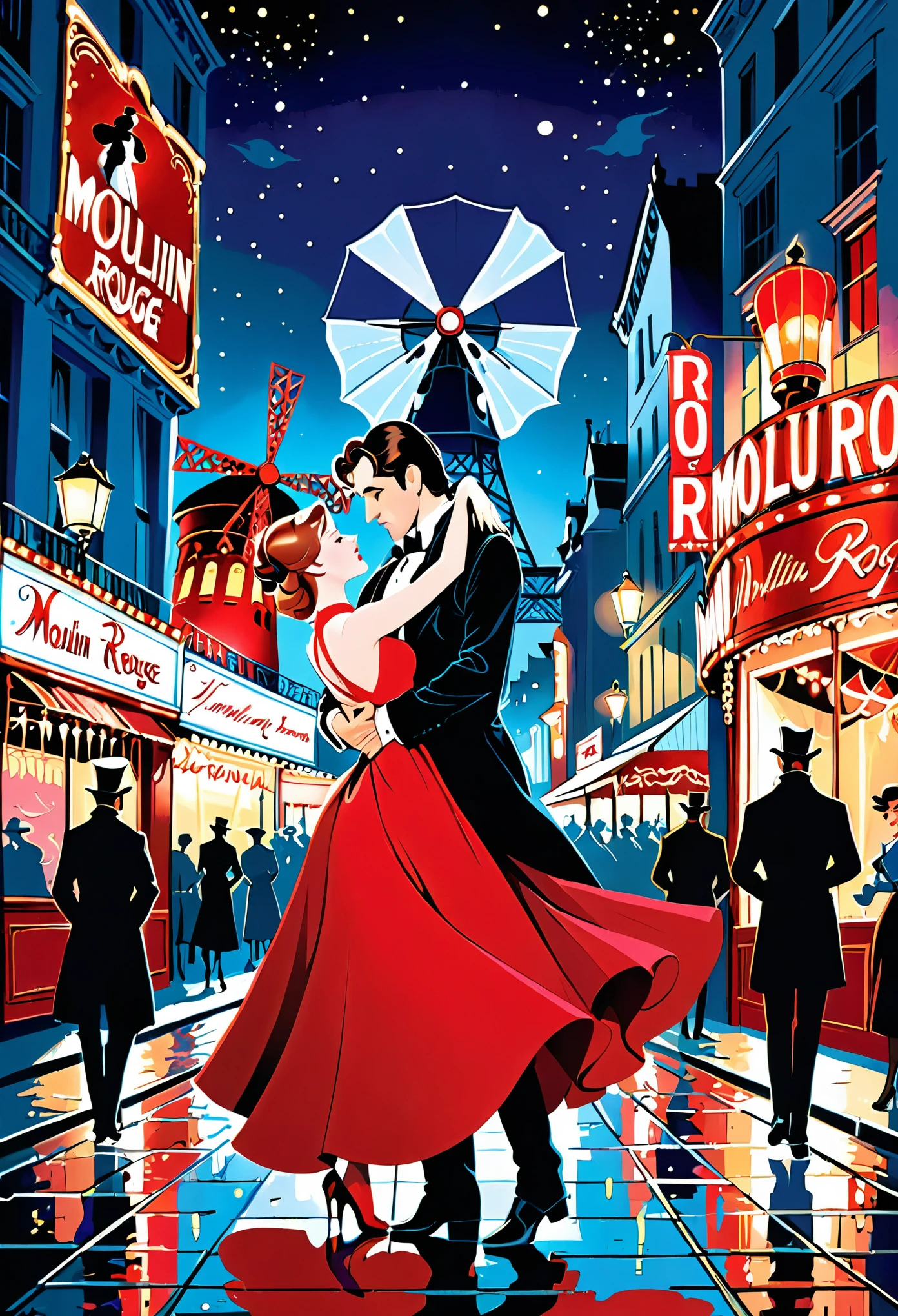 arafed image of a couple in a city street at night, moulin rouge!, moulin rouge, movie artwork, concept art of love, movie art, movie poster painting, bestselling movie art poster, romance novel cover, martin ansin, inspired by Vincent Lefevre, belle epoque, neo - romanticism, neo-romanticism, raphaël,