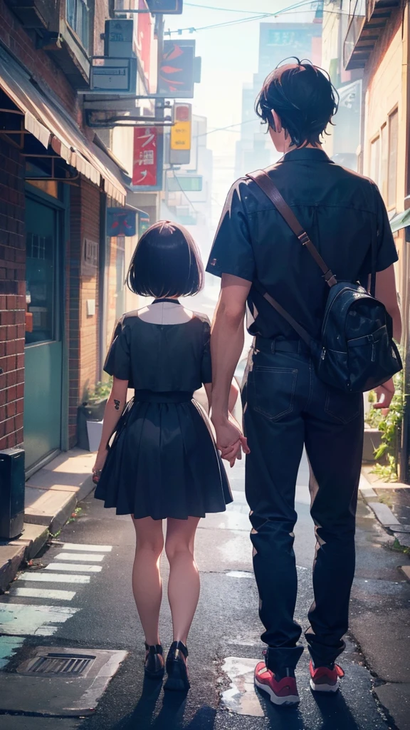 A man with black hair walking hand in hand with a small girl with short bob hair,Parent and ,View from behind
