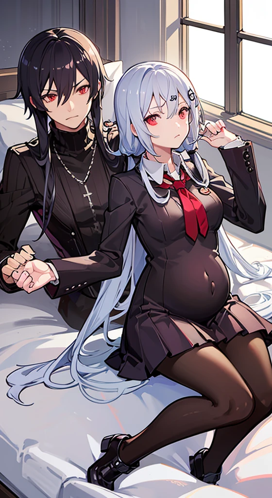 Two anime people, one guy with long loose black hair, one girl with long white hair and red eyes, pregnant, laying on a bed, chains, sad