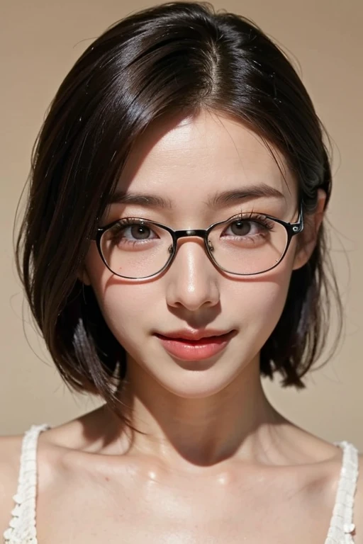 ((8k, highest quality, masterpiece、Realistic、Ultra-high resolution))、((Japanese women))、((Black Short Hair))、(Small breasts)、(((Eye corners are((one))mole)))、((Face is golden ratio))、Beautiful Face、Beautiful Eyes、Delicate face、Focus on the face、glossy、Beautiful face、smile、Teeth are visible、Dimples、Sticking out tongue、bed、Beautiful lips、Open your mouth、Black-rimmed glasses