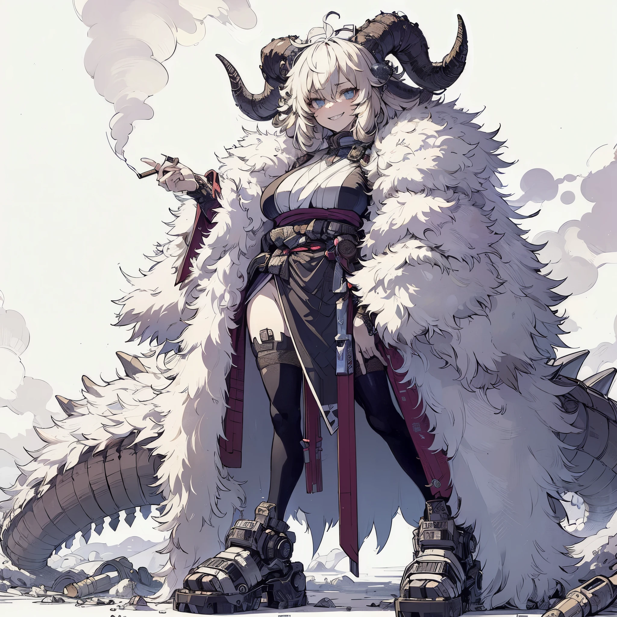 (Masterpiece, Top Quality), (Fine Hair), Ultra-Detailed, Anime Style, Solo, Full Length, Concept Art, cute cyberpunk beasty lady, massive, SMILING-JAGGED-TEETH, WHITE SHAGGY HAIR. wearing fur coat and cyber- KIMONO. smokes. cyber horned, wearing iron clogs, White background, standing full length, standing on wasted earth,