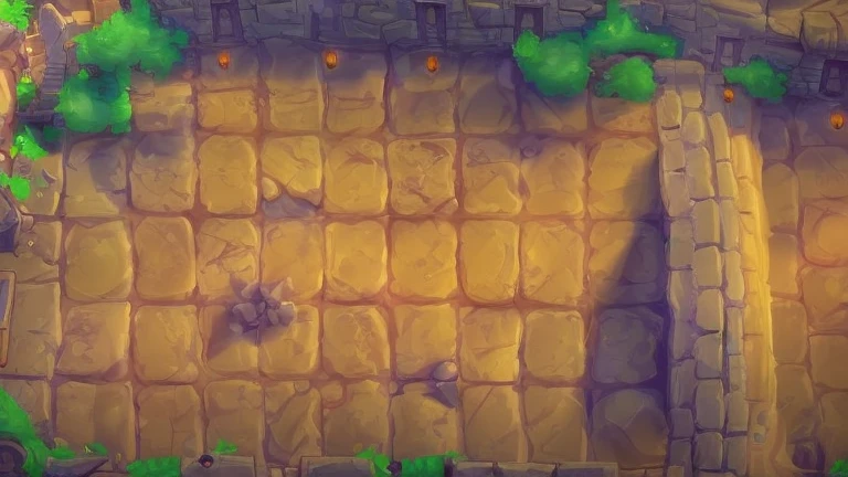 A 2.5D top-down slightly tilted view of map, for a tower defense game. The map features an walled city with imposing ((stone walls and watchtowers)). Surrounded by a cheerful and bustling scene of castles and citadels, ((red flags flying)), an atmosphere of victory and beginning, bright and pleasant colors, ((horses and carts on both sides of the road)), yellow and brown tones,