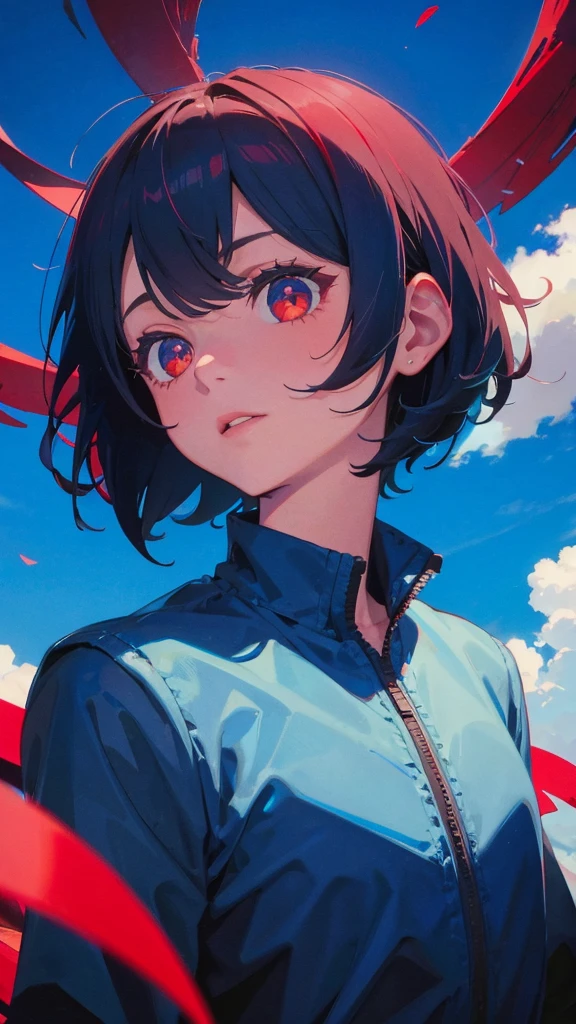 A short bob-haired, red-eyed,Blue sky background