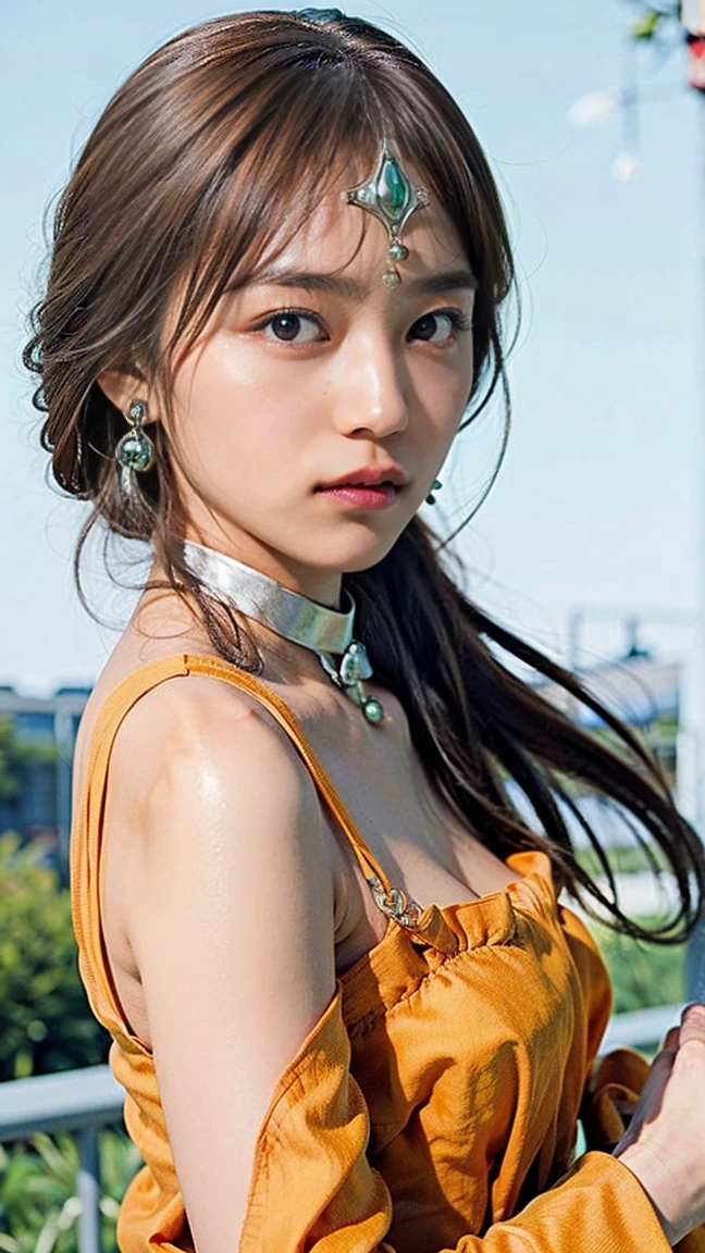 High resolution、masterpiece、1 Japan Beautiful Girl、18-year-old high school student、DQ Minnea, Purple Hair、Circlet, Earrings, choker, bracelet, Small breasts、Beautiful cherry-colored areola、Erect nipples、Narrow waist、Shaved、Orange Dress、Being in a fierce storm、Gust of wind、Gust of windでドレスがめくれて胸を露出する、Shoots curved blades of light from his hands、Light green magic circle、A big tornado、Countless curved blades of light、The curved blade cuts through the air