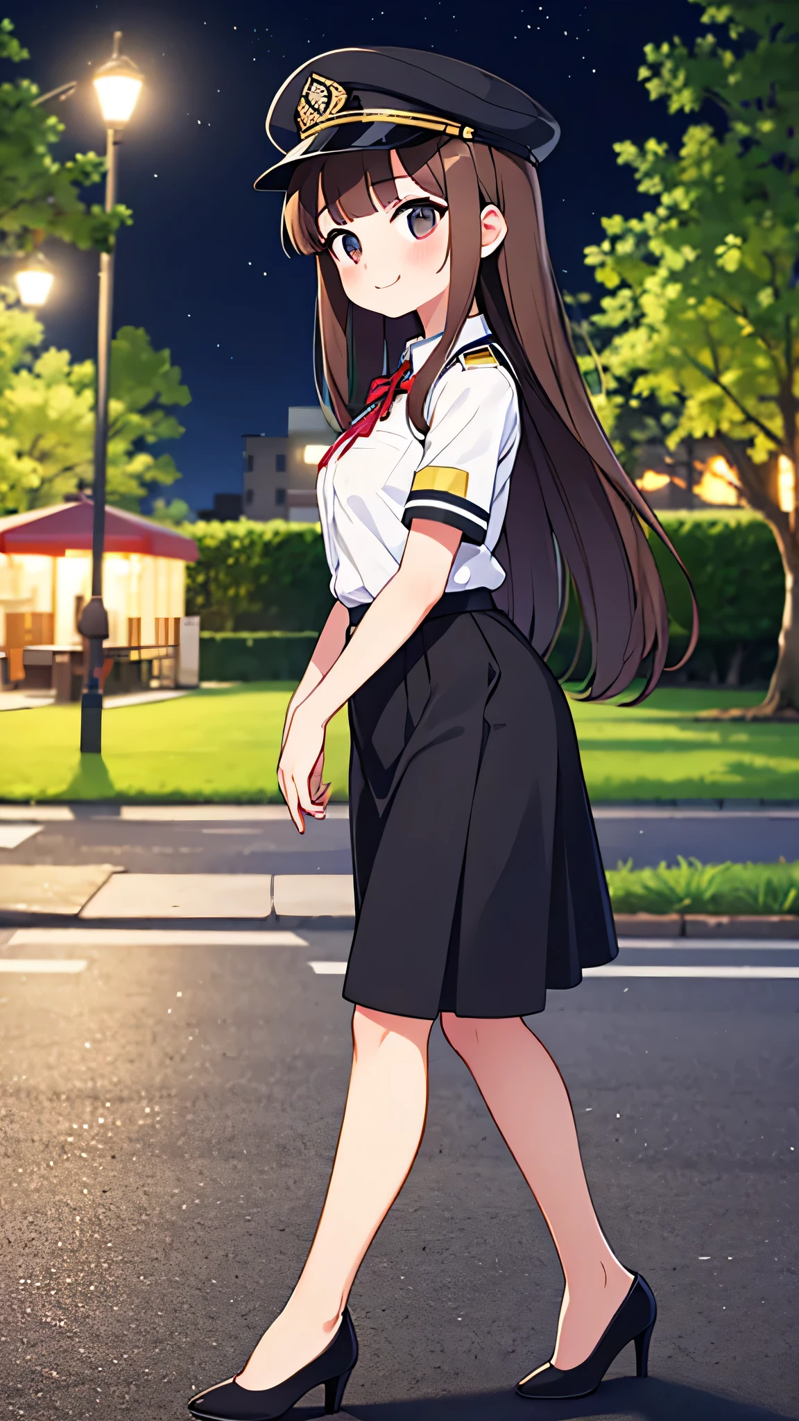 {highest quality], [Super beautiful], [Ultra fine], [Best illustration], NSFW,Brown Hair, Hime cut, Long Hair, With bangs, girl, Uniform cap,Security uniform, smile, blush, Slender women,Short sleeve,Long straight skirt, Adult women,walk,(Public）Night Park, diagonal,Bare feet and pumps, Plain black pumps