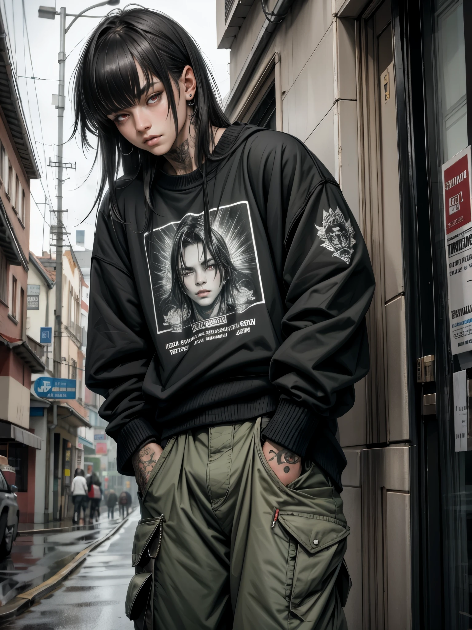 a photo of Henrik Sanyi, he is a delicate 20-year-old boy, fair skin, long black hair with bangs, piercings, tattoos, thick thighs, wearing a crepe sweatshirt, cargo pants, looking at the camera,Facing the viewer