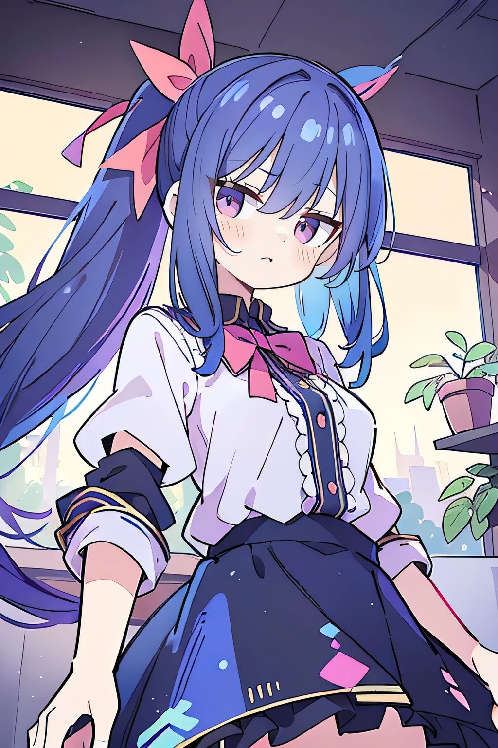 (Best Quality: 1.3), (Masterpiece: 1.3), (Illustration: 1.3), (Ultra Detailed: 1.3), (Imide Lens: 0.9), 1girl, Medium Breasts, Purple Eyes, ((Dark Blue Hair) ), hair accessories, young, clothing-gladiia, long hair, dark blue hair, indoors, black shorts, high socks, low ponytail, expressionless, upper body, close-up, coat, skirt,