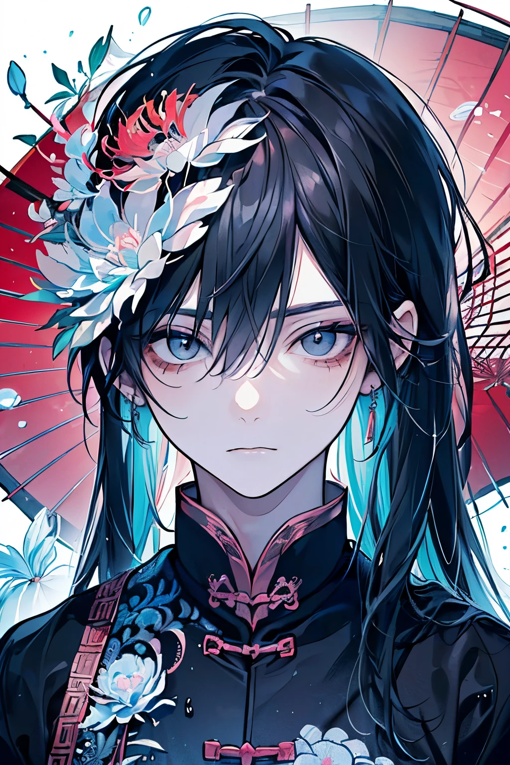 ((boy around 18 years old)),(Black Hair:1.3),(Long Hair:1.3),(Chinese style single layer costume:1.45),(Blue and pink and grey),Close-up of face:1.0,(rain:1.2),(Spider Lily Flower々:1.2),(A calm face:1.2),(Japanese Umbrella:1.3),((high Quality:1.2)),((beautiful image:1.2)),((perfect graphic:1.2))