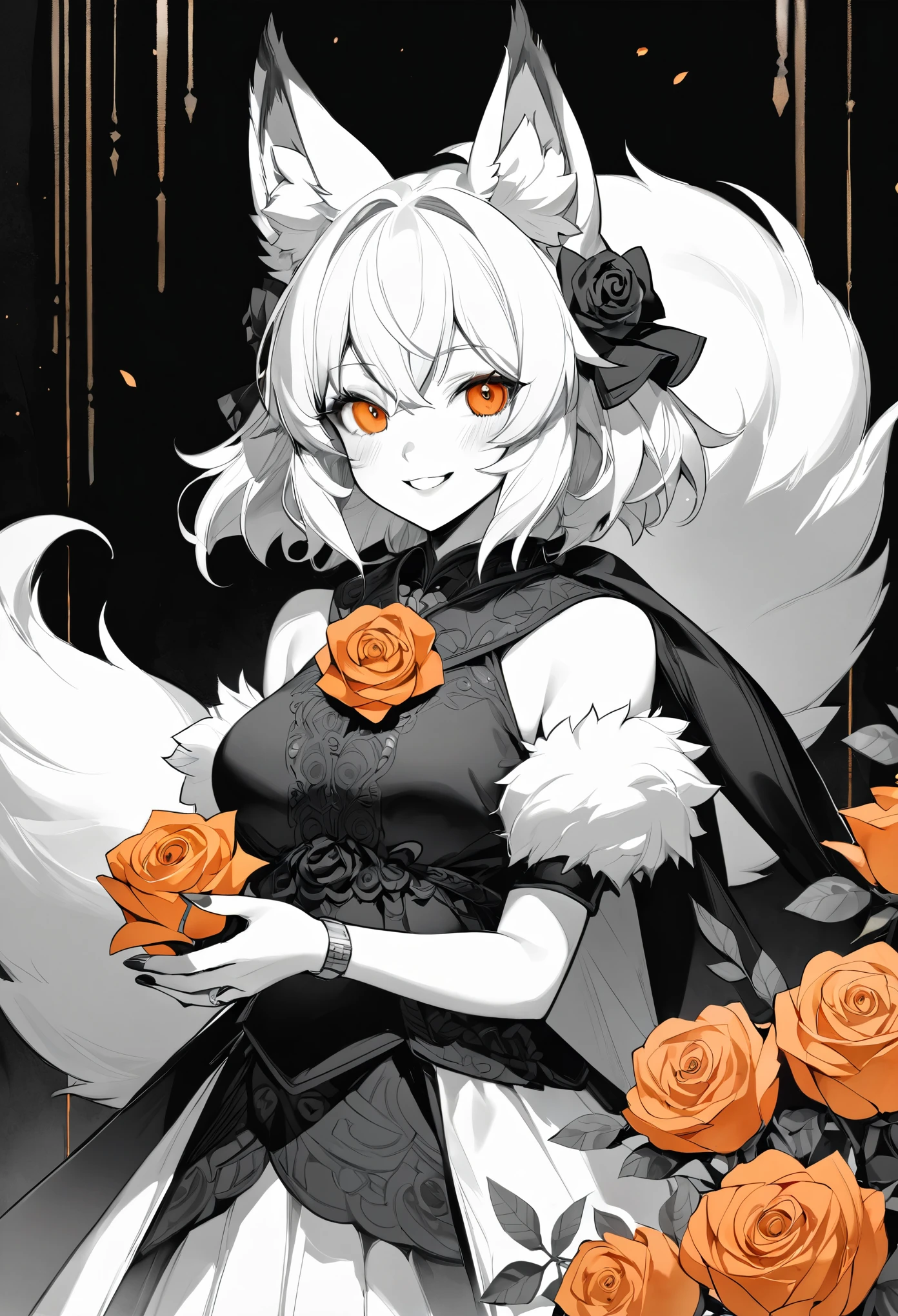 monochrome, watercolor, highres, top quality, best quality, paid reward available, High-quality illustrations, unparalleled masterpiece, perfect artwork, absurdres, 1girl, kemono, furry, detailed body fur, animal face, animal hand, Archaic Smile, holding a cluster of orange Rose in both hands, which are positioned at chest level, She is wearing a simple ring on the ring finger of her left hand, unfocused spread of orange rose, fan-created work shared on platforms Pixiv or Twitter,