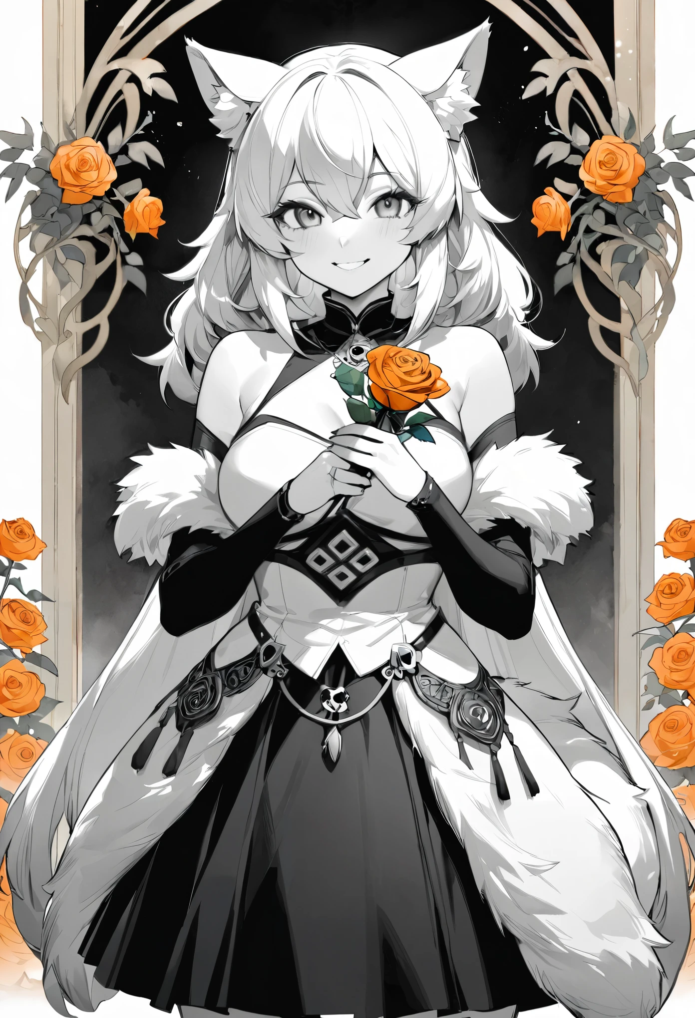 monochrome, watercolor, highres, top quality, best quality, paid reward available, High-quality illustrations, unparalleled masterpiece, perfect artwork, absurdres, 1girl, kemono, furry, detailed body fur, animal face, animal hand, Archaic Smile, holding a cluster of orange Rose in both hands, which are positioned at chest level, She is wearing a simple ring on the ring finger of her left hand, unfocused spread of orange rose, fan-created work shared on platforms Pixiv or Twitter,