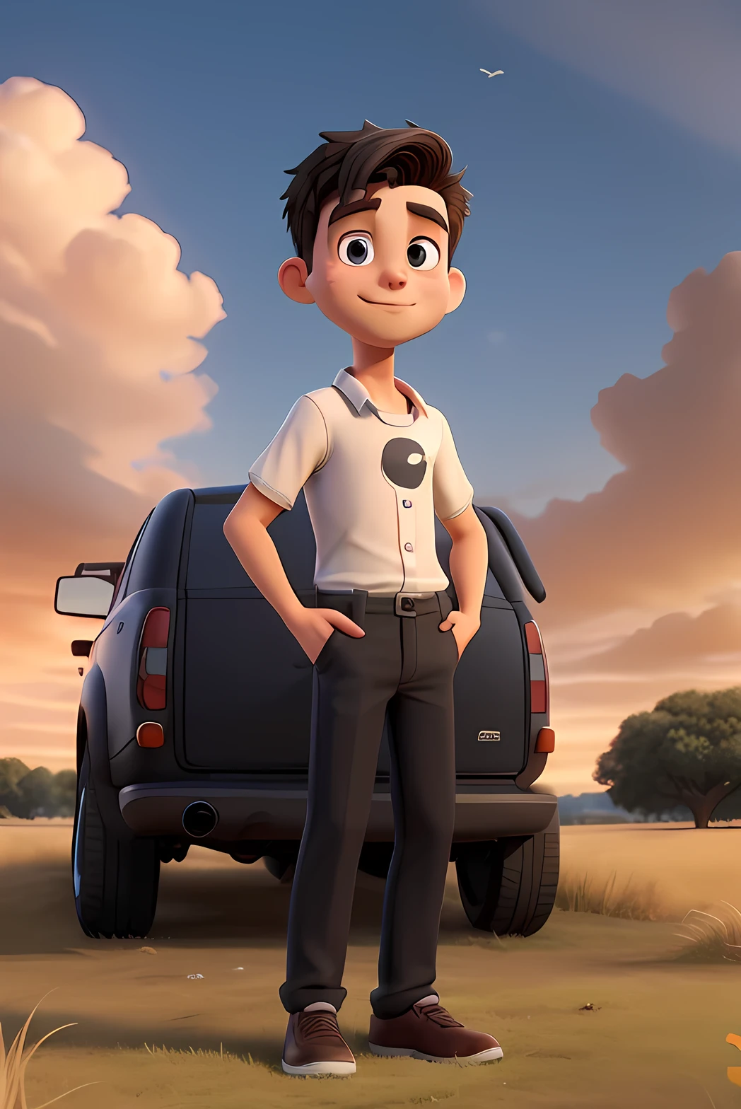 outdoors, cloud, sky, ground_vehicle, car, grass, motor_vehicle, shirt, white_shirt, scenery, short_hair, pants, 2boys, cloudy_sky, multiple_boys, black_pants, bird, standing, sunset, 1boy, field, evening, blue_sky, black_hair